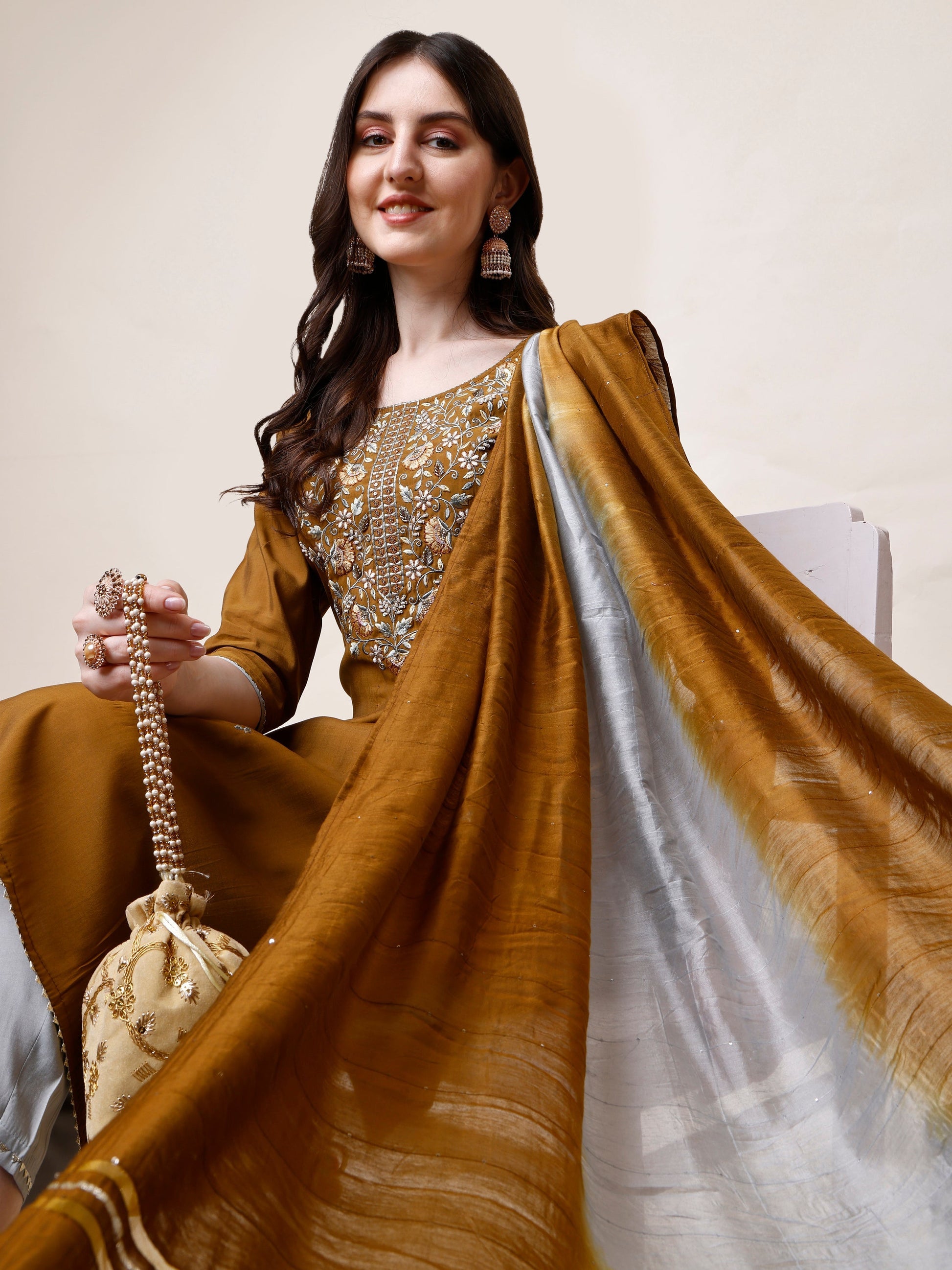 Hand Embroidered Kurta With Pant And Dupatta Set, Multicolor - Hiral Fashion