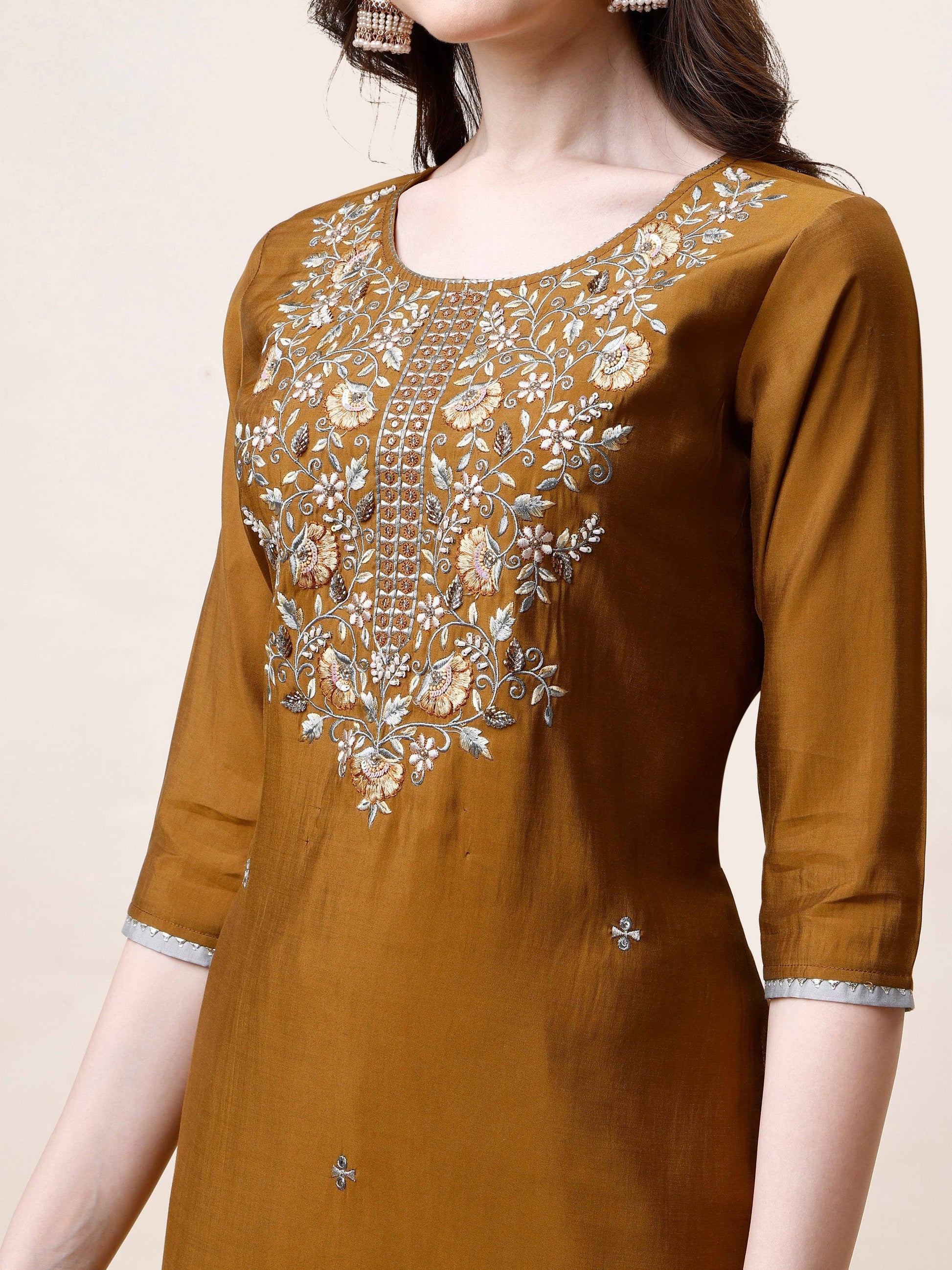 Hand Embroidered Kurta With Pant And Dupatta Set, Multicolor - Hiral Fashion