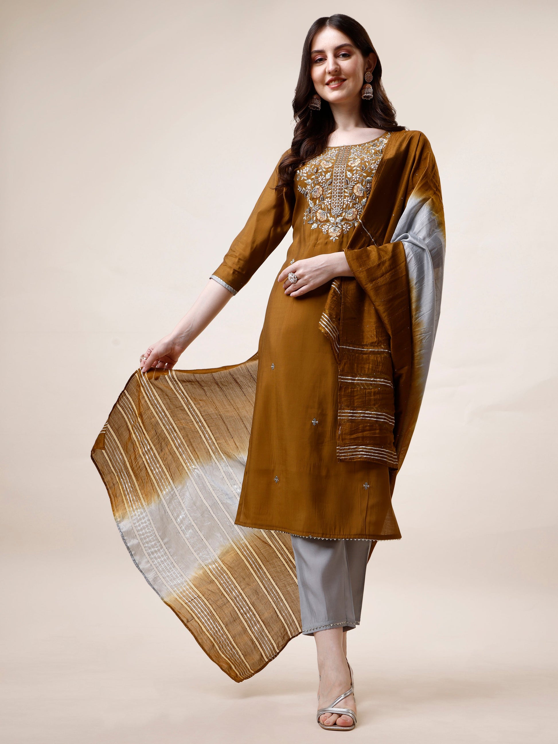 Hand Embroidered Kurta With Pant And Dupatta Set, Multicolor - Hiral Fashion