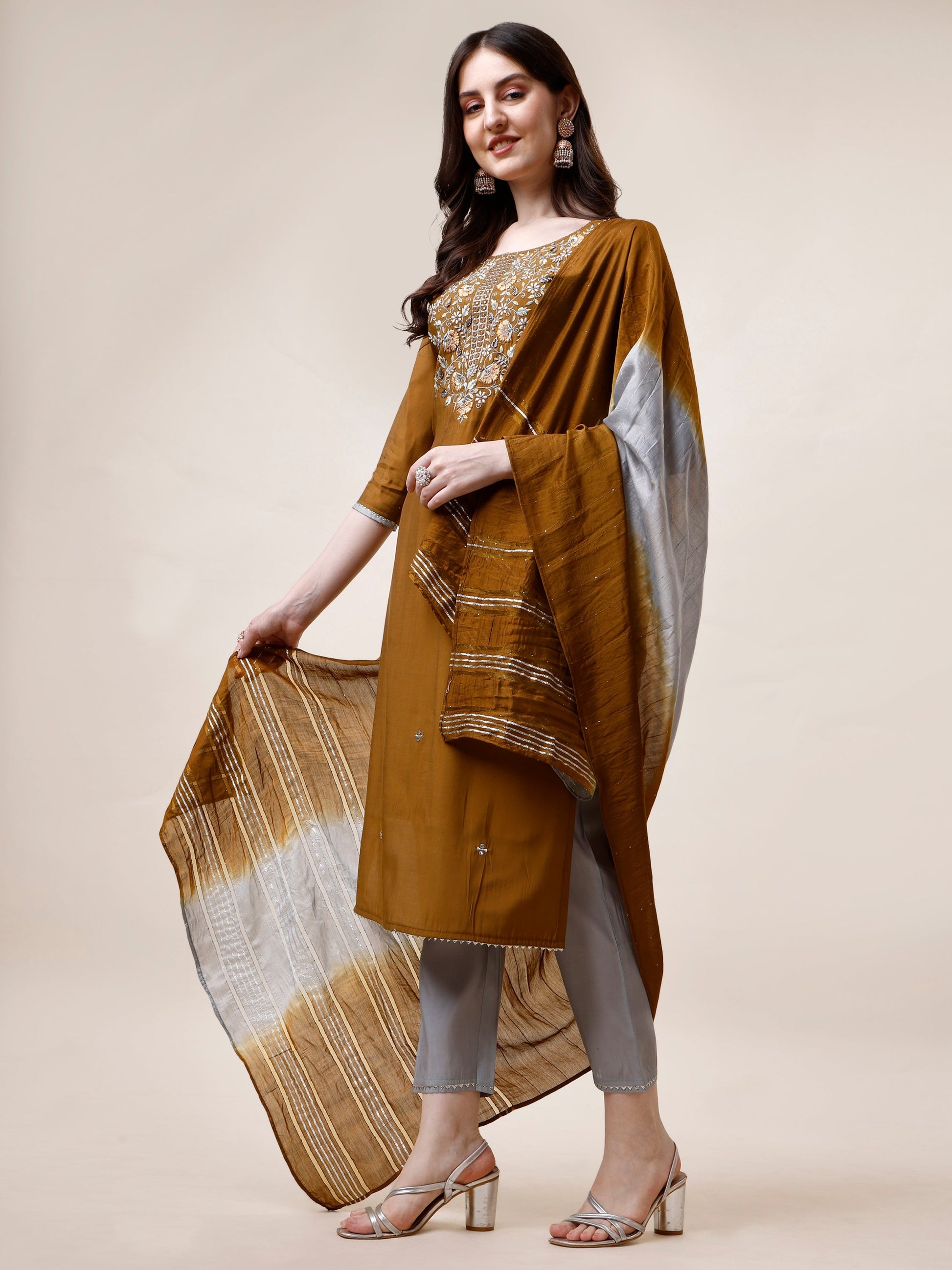 Hand Embroidered Kurta With Pant And Dupatta Set, Multicolor - Hiral Fashion