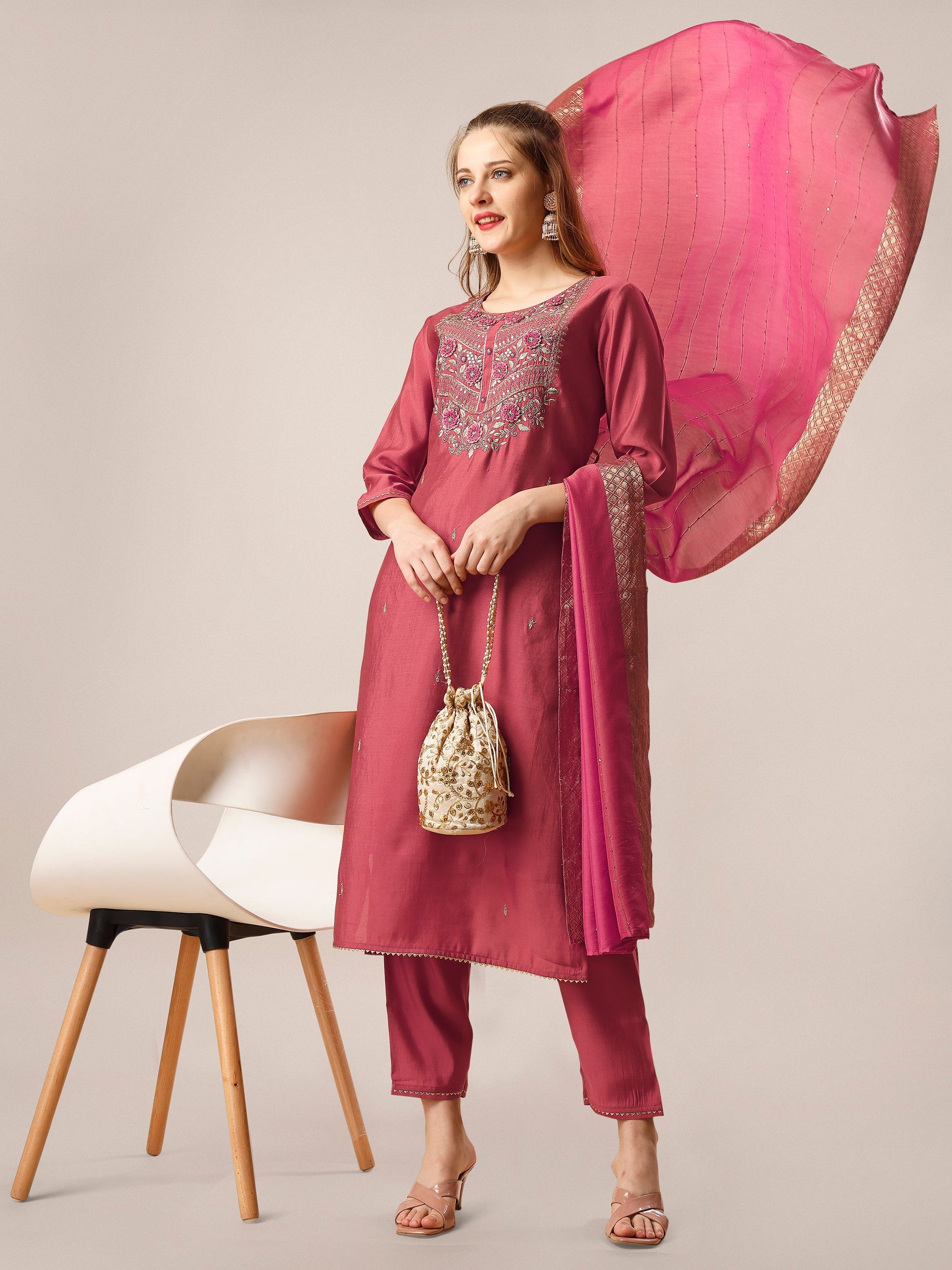 Hand Embroidered Kurta With Pant And Dupatta Set, Multicolor - Hiral Fashion