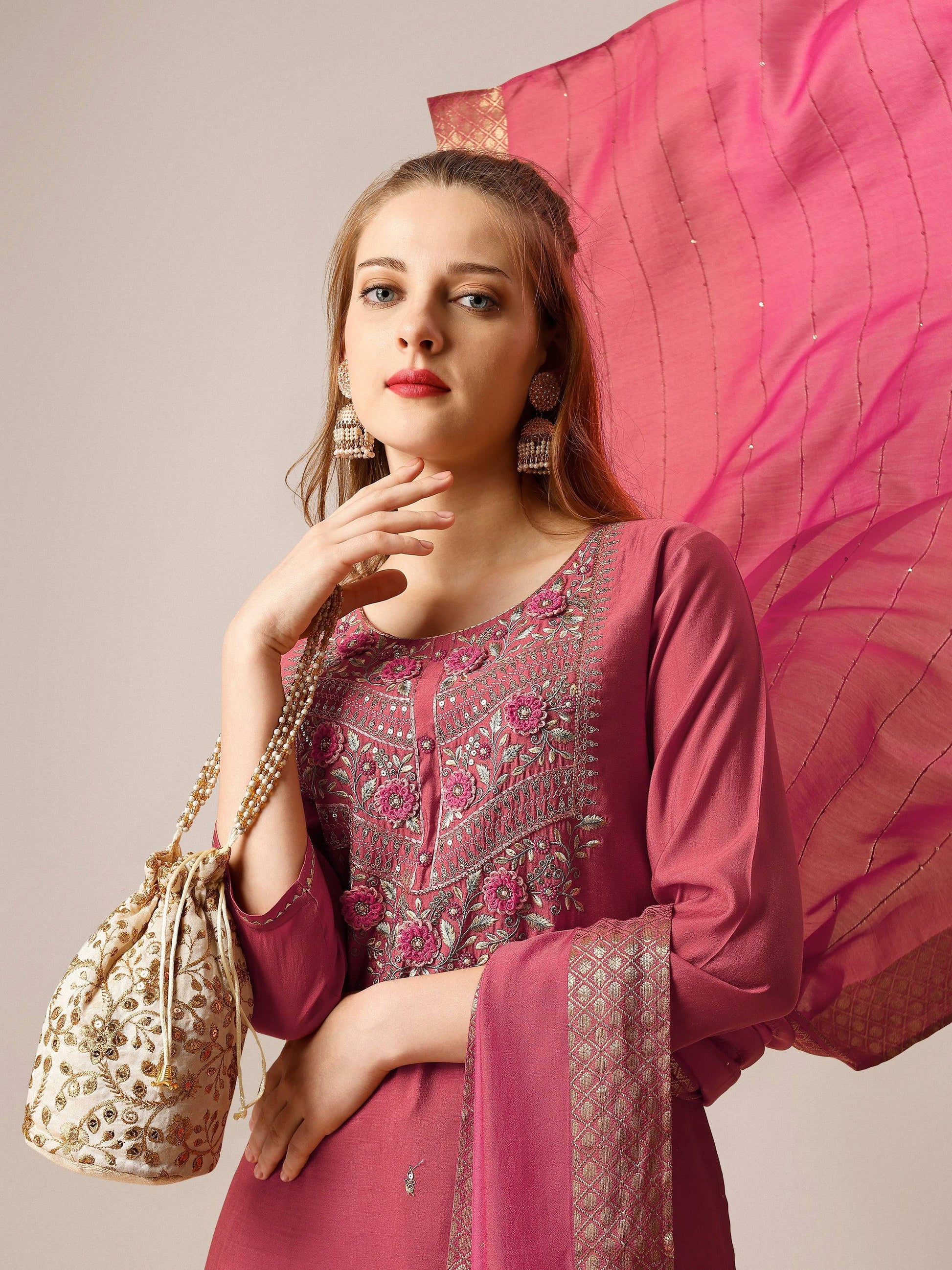 Hand Embroidered Kurta With Pant And Dupatta Set, Multicolor - Hiral Fashion