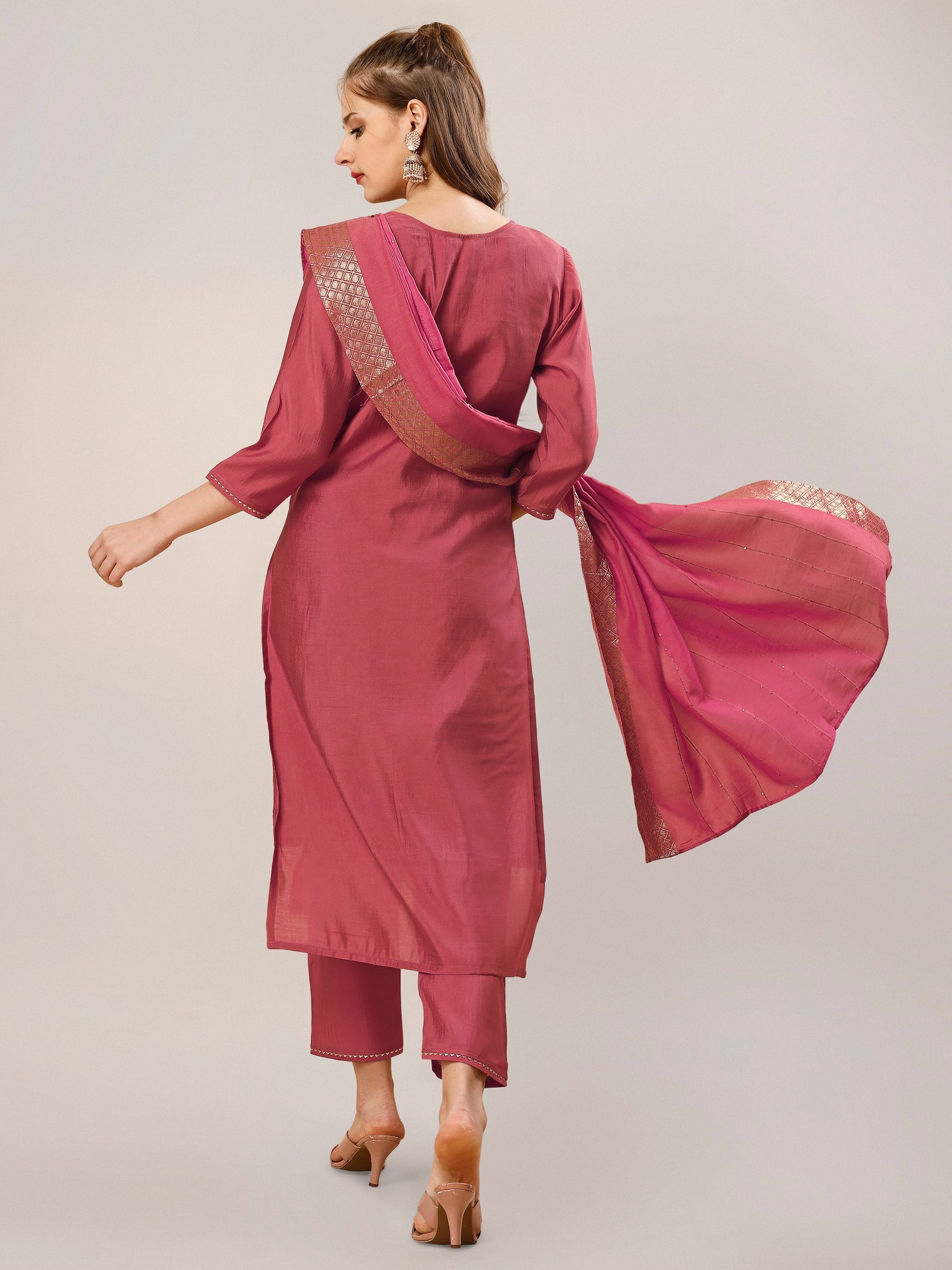 Hand Embroidered Kurta With Pant And Dupatta Set, Multicolor - Hiral Fashion