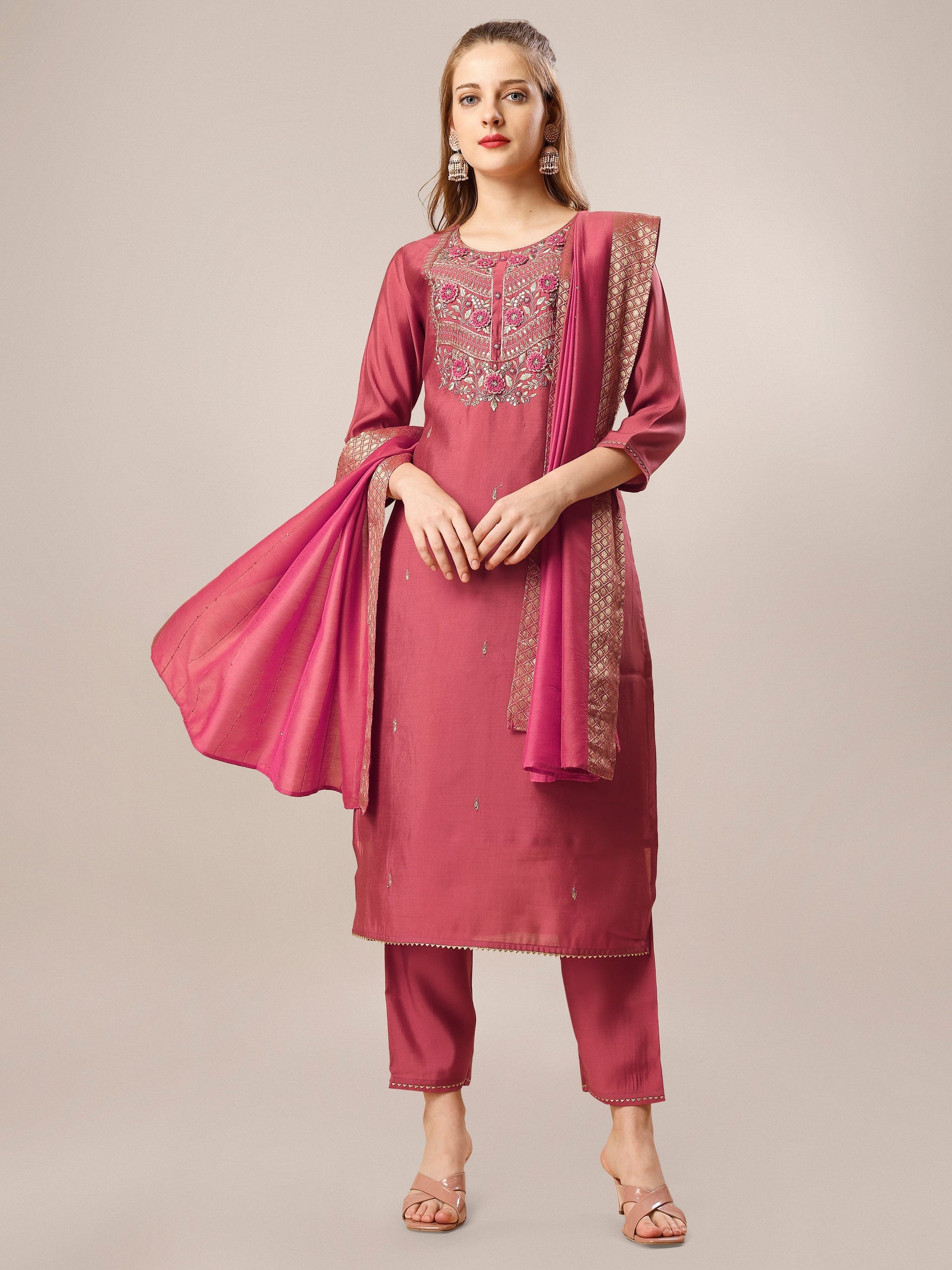 Hand Embroidered Kurta With Pant And Dupatta Set, Multicolor - Hiral Fashion
