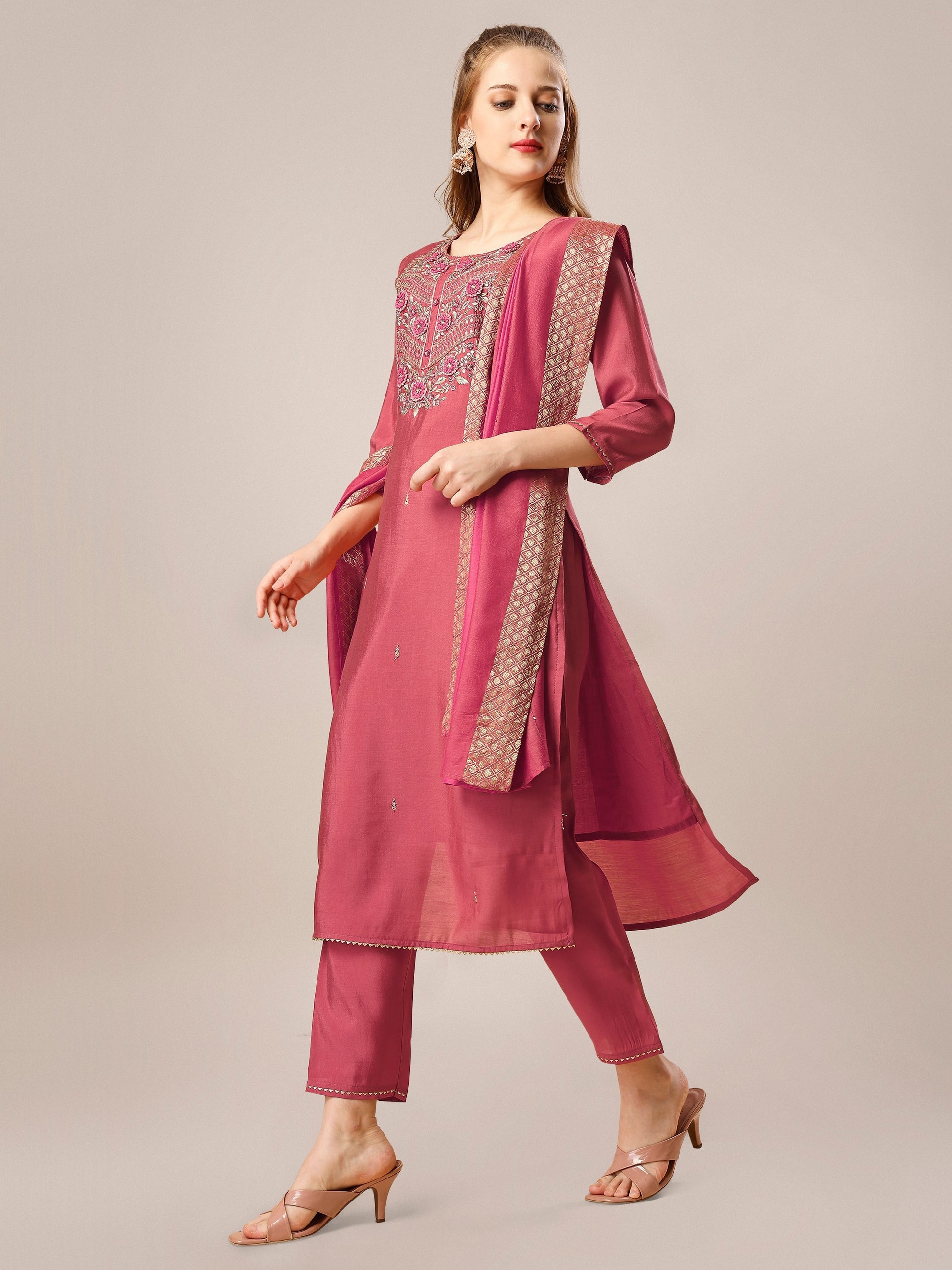 Hand Embroidered Kurta With Pant And Dupatta Set, Multicolor - Hiral Fashion