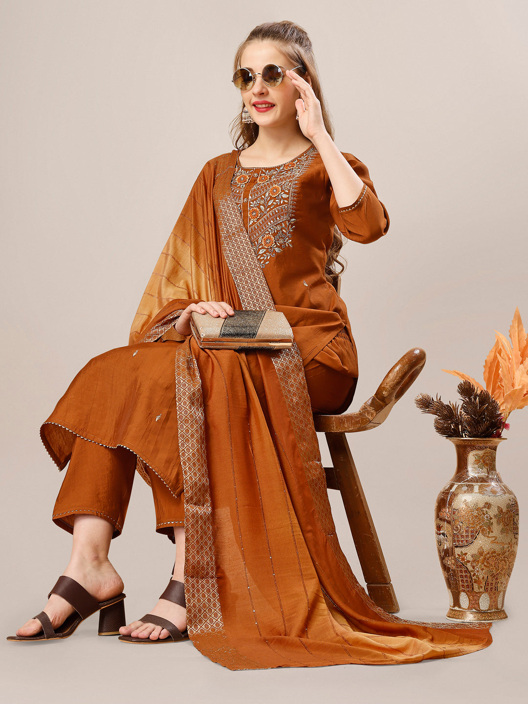 Hand Embroidered Kurta With Pant And Dupatta Set, Multicolor - Hiral Fashion