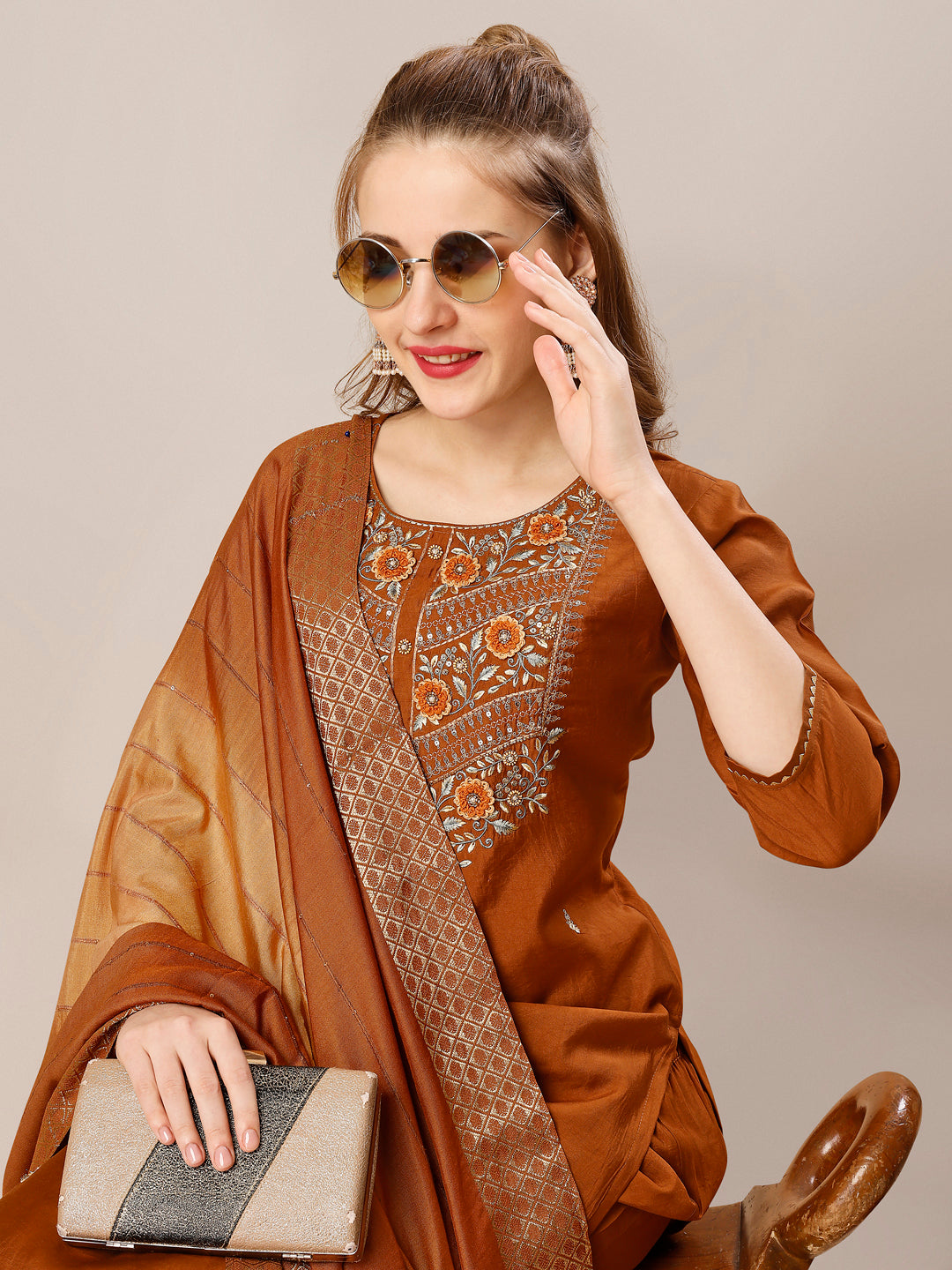 Hand Embroidered Kurta With Pant And Dupatta Set, Multicolor - Hiral Fashion