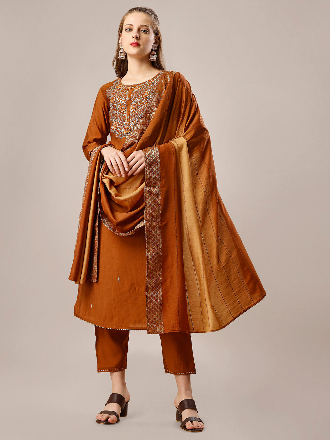 Hand Embroidered Kurta With Pant And Dupatta Set, Multicolor - Hiral Fashion