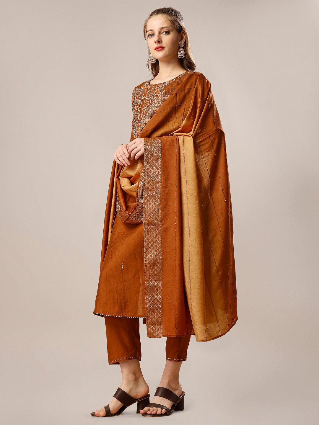 Hand Embroidered Kurta With Pant And Dupatta Set, Multicolor - Hiral Fashion