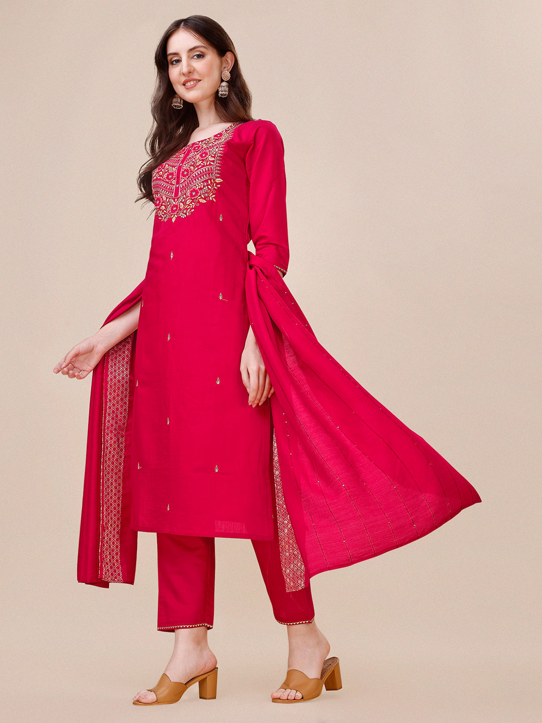 Chanderi Hot Pink Kurta With Pant And Dupatta Set, Multicolor - Hiral Fashion