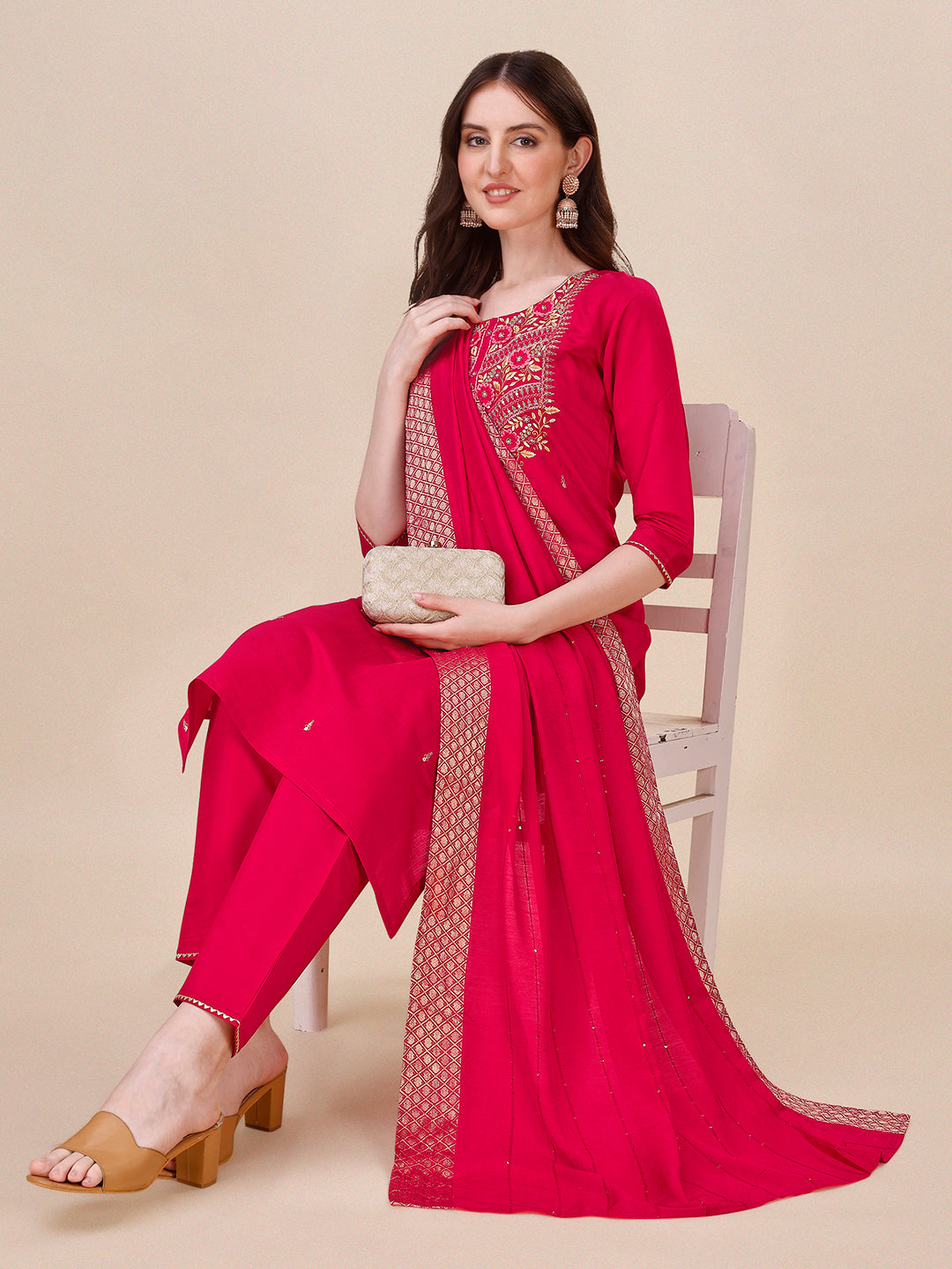 Chanderi Hot Pink Kurta With Pant And Dupatta Set, Multicolor - Hiral Fashion