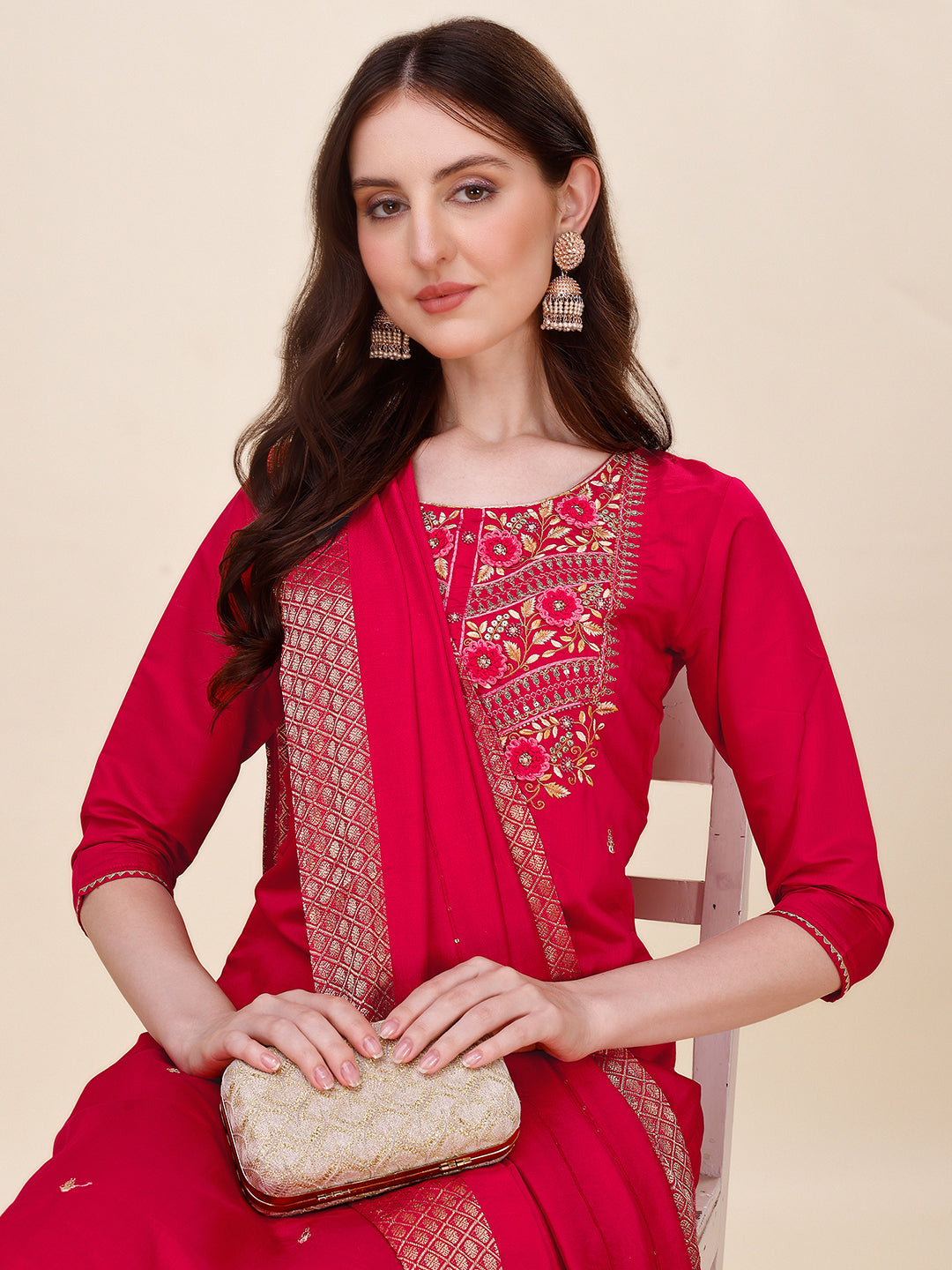 Chanderi Hot Pink Kurta With Pant And Dupatta Set, Multicolor - Hiral Fashion