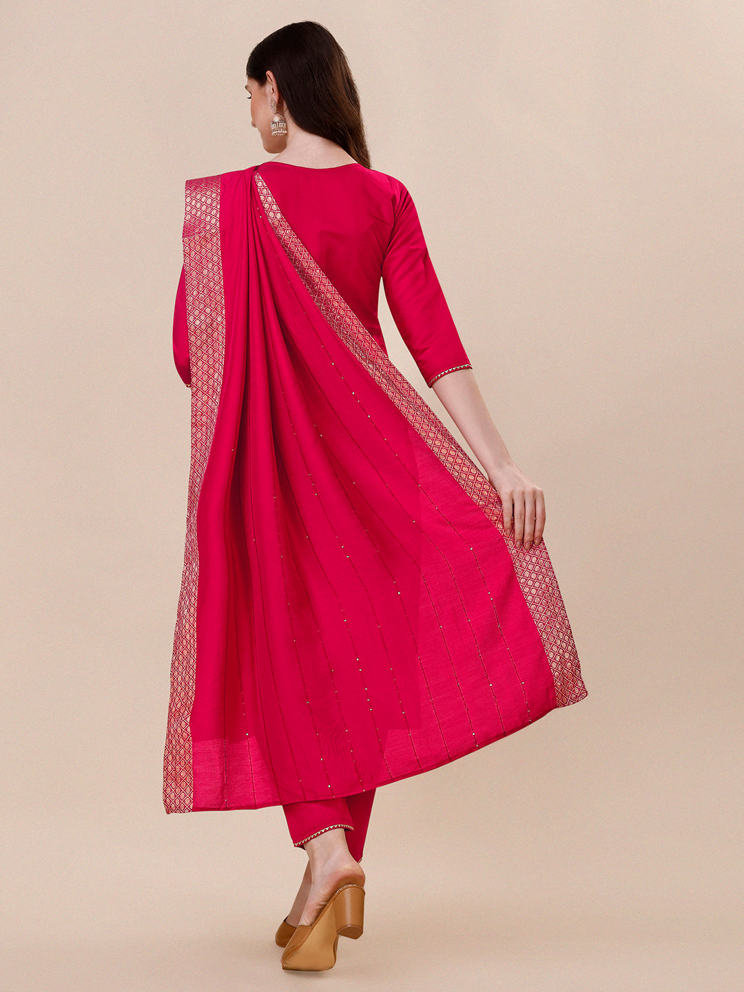 Chanderi Hot Pink Kurta With Pant And Dupatta Set, Multicolor - Hiral Fashion