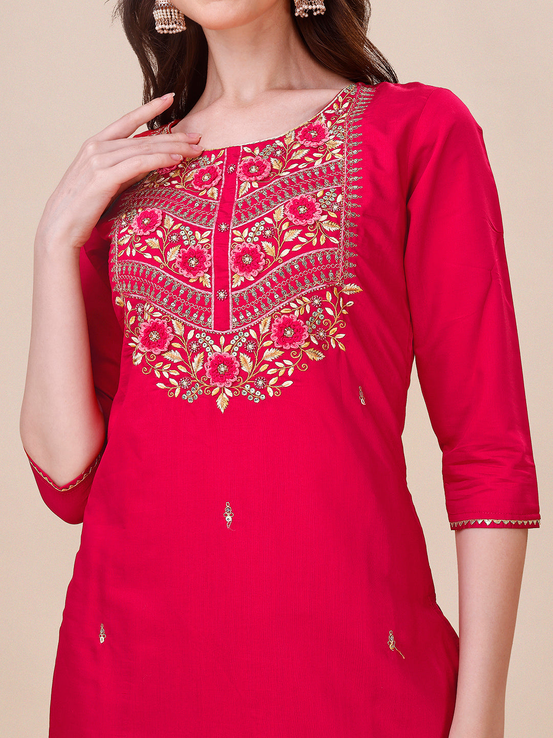 Chanderi Hot Pink Kurta With Pant And Dupatta Set, Multicolor - Hiral Fashion