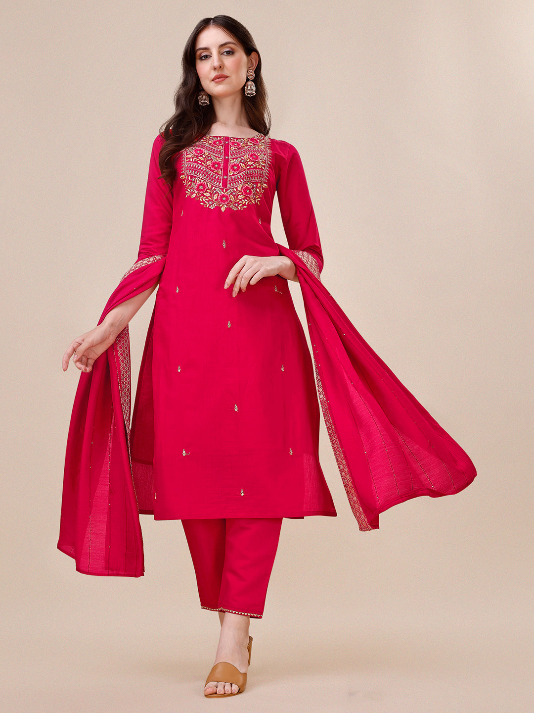 Chanderi Hot Pink Kurta With Pant And Dupatta Set, Multicolor - Hiral Fashion