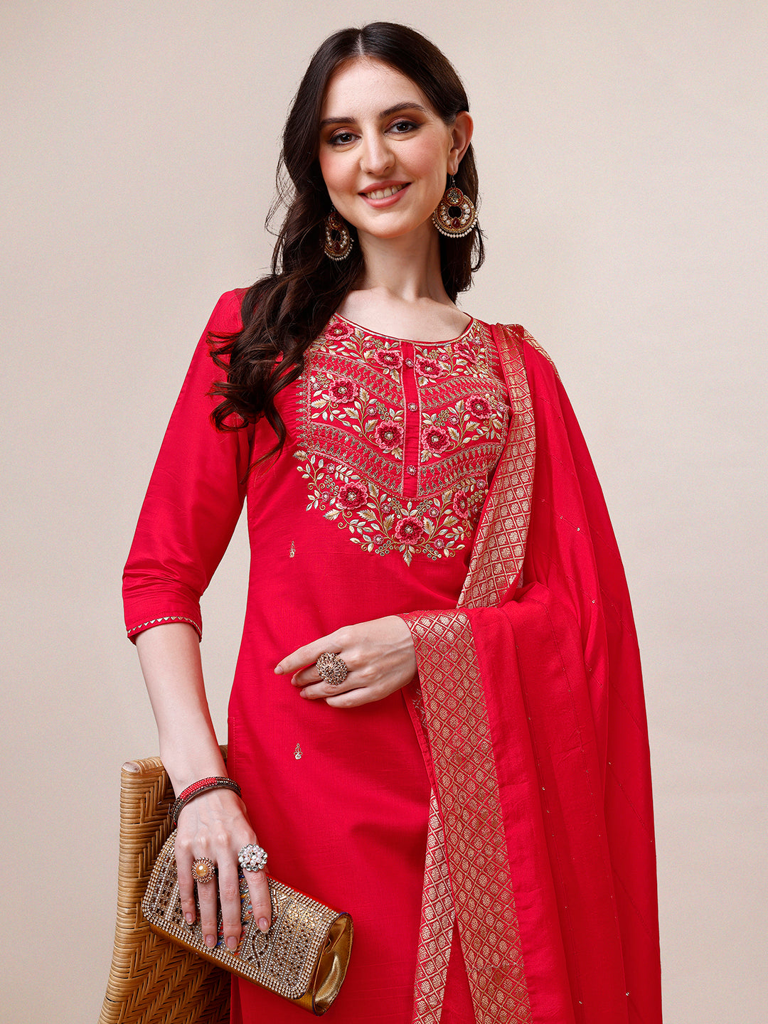 Handworked Red Kurta With Pant And Dupatta Set, Multicolor - Hiral Fashion