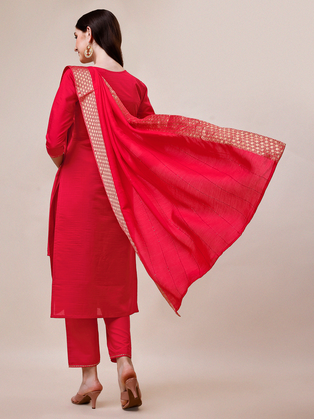 Handworked Red Kurta With Pant And Dupatta Set, Multicolor - Hiral Fashion