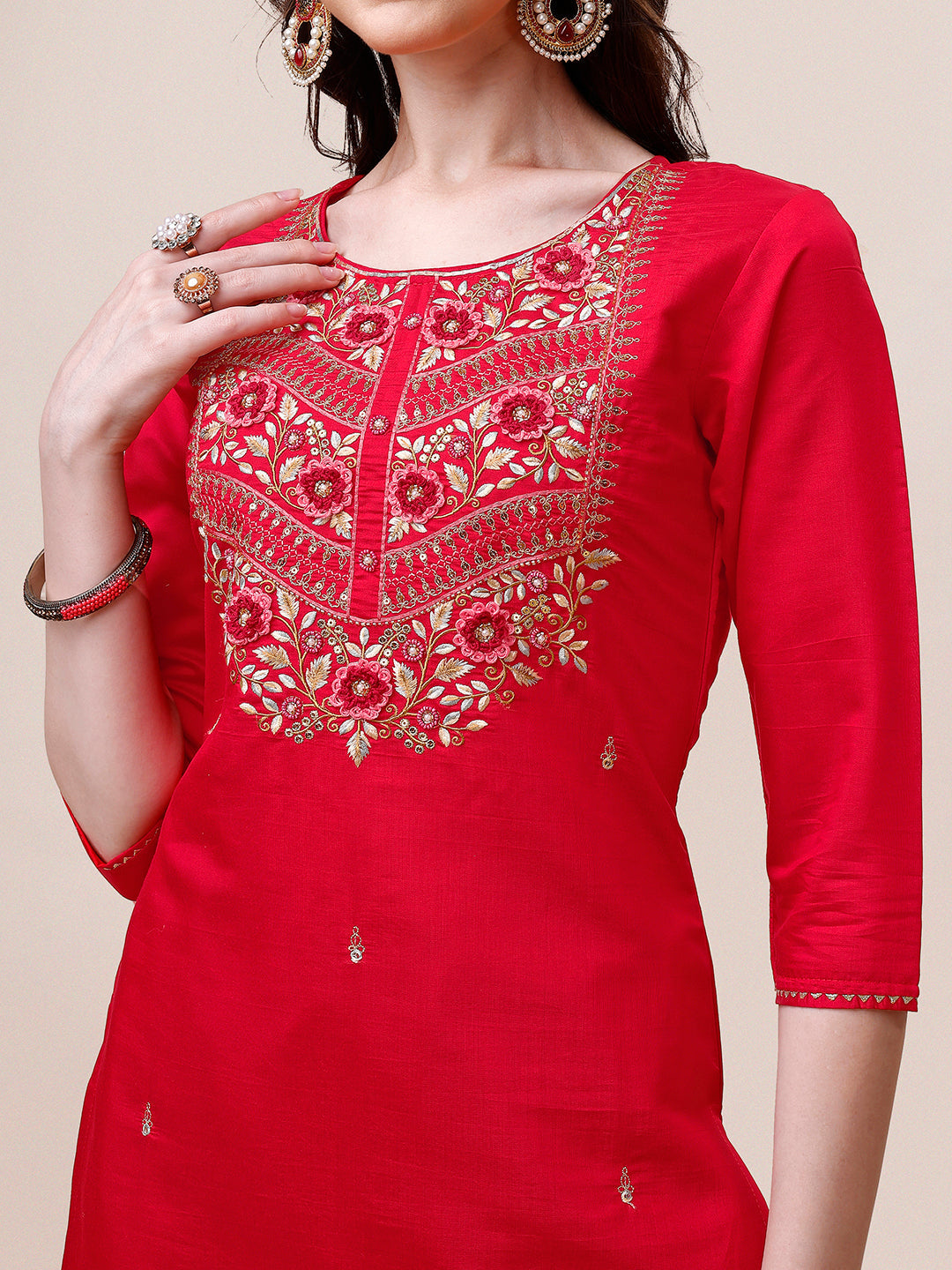 Handworked Red Kurta With Pant And Dupatta Set, Multicolor - Hiral Fashion
