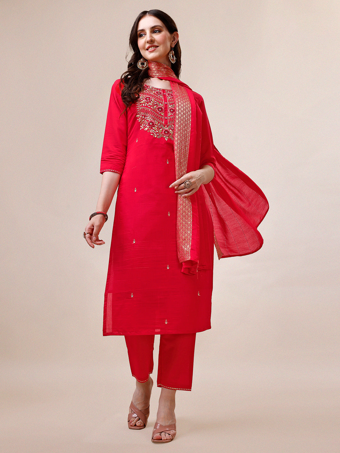 Handworked Red Kurta With Pant And Dupatta Set, Multicolor - Hiral Fashion