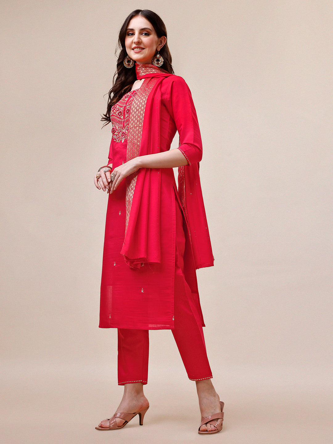 Handworked Red Kurta With Pant And Dupatta Set, Multicolor - Hiral Fashion