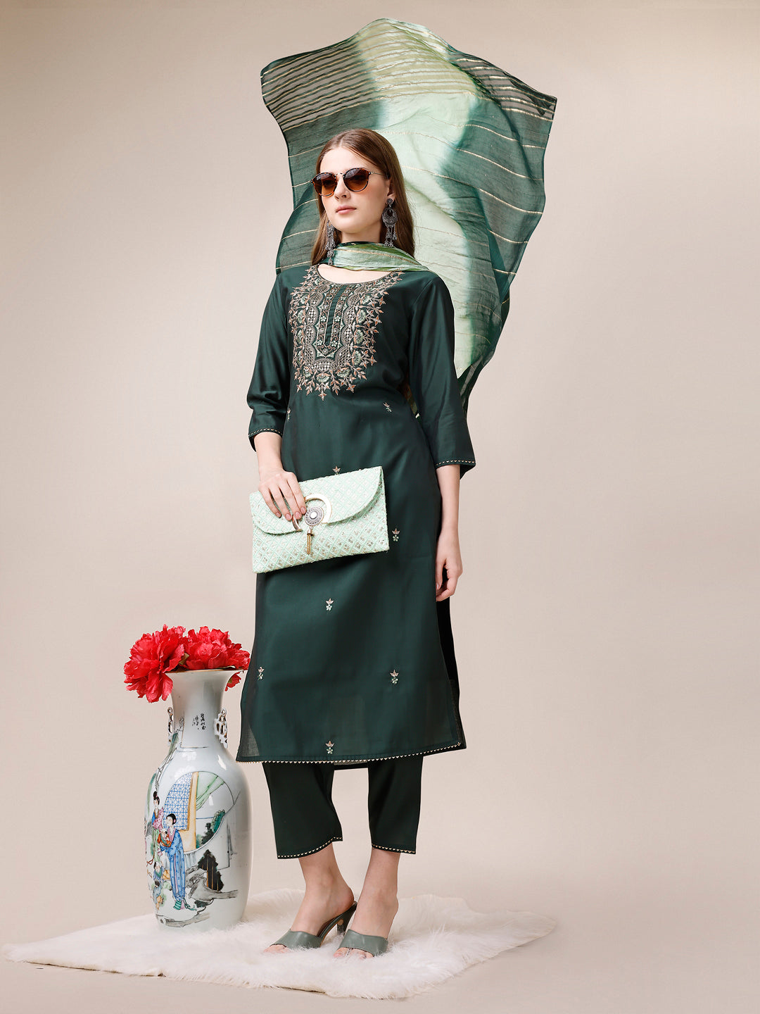 Embroidered Kurta With Pant And Dupatta Set, Multicolor - Hiral Fashion