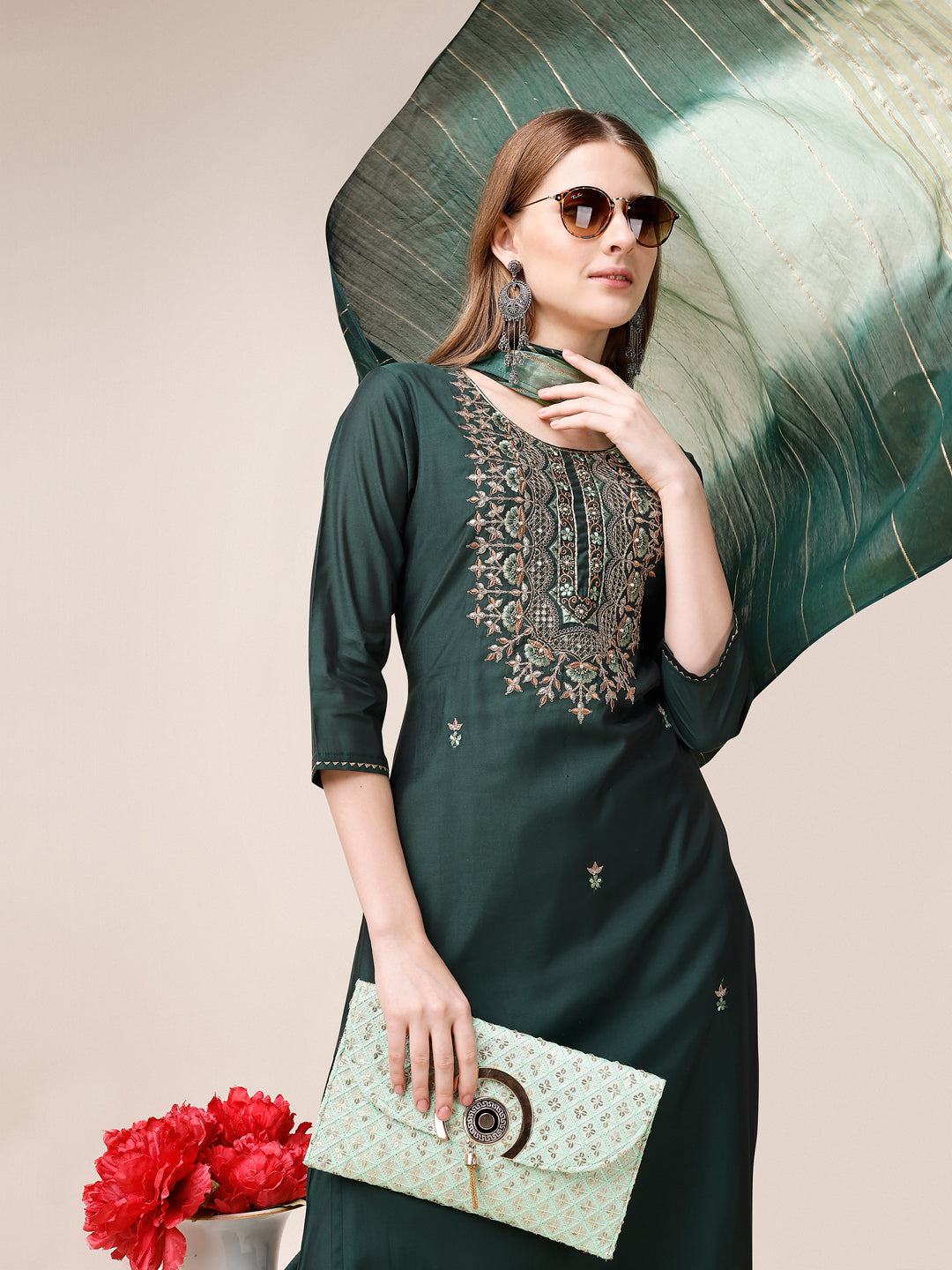 Embroidered Kurta With Pant And Dupatta Set, Multicolor - Hiral Fashion