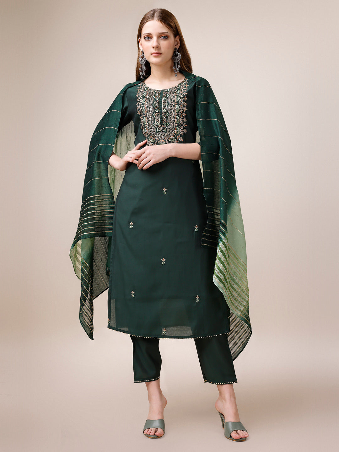 Embroidered Kurta With Pant And Dupatta Set, Multicolor - Hiral Fashion