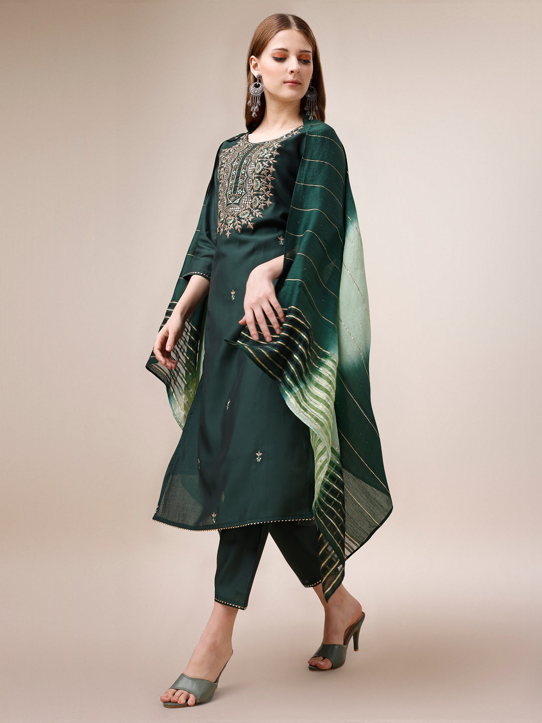 Embroidered Kurta With Pant And Dupatta Set, Multicolor - Hiral Fashion