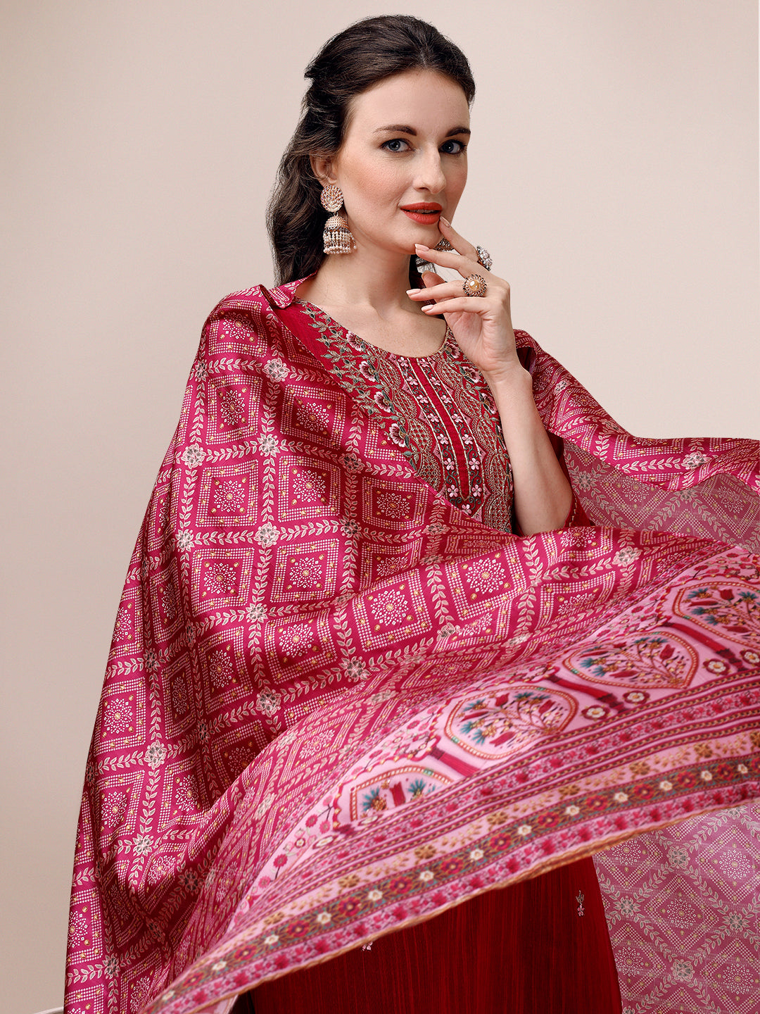 Embroidered Silk Blend Kurta With Pant & Printed Dupatta, Multicolor - Hiral Fashion