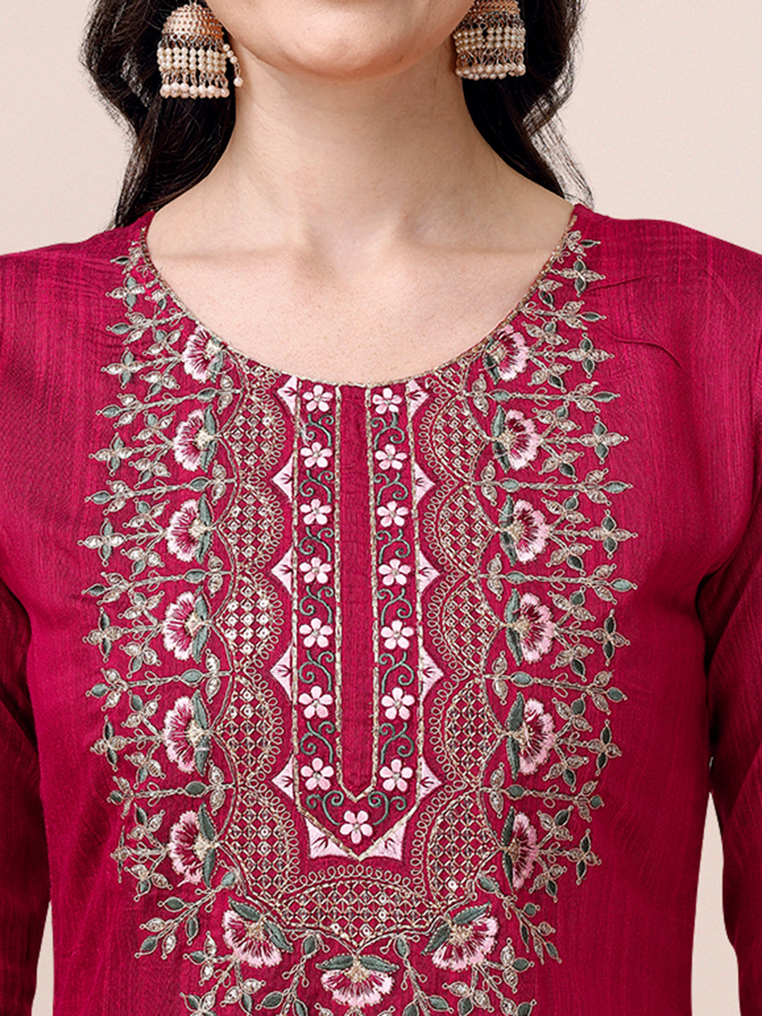 Embroidered Silk Blend Kurta With Pant & Printed Dupatta, Multicolor - Hiral Fashion
