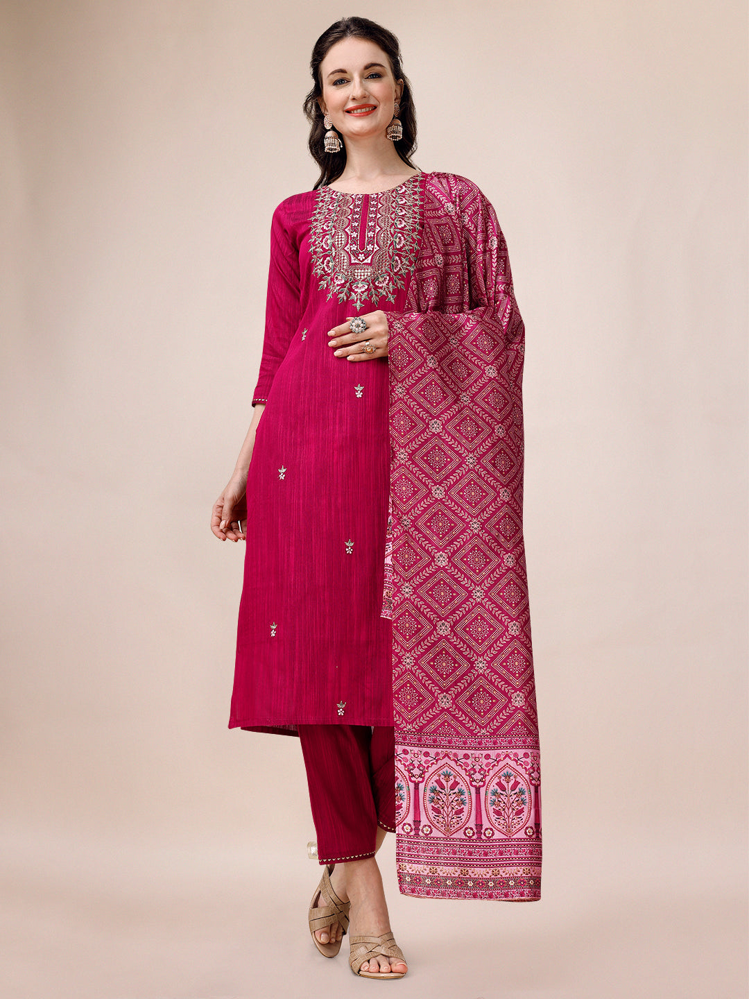Embroidered Silk Blend Kurta With Pant & Printed Dupatta, Multicolor - Hiral Fashion