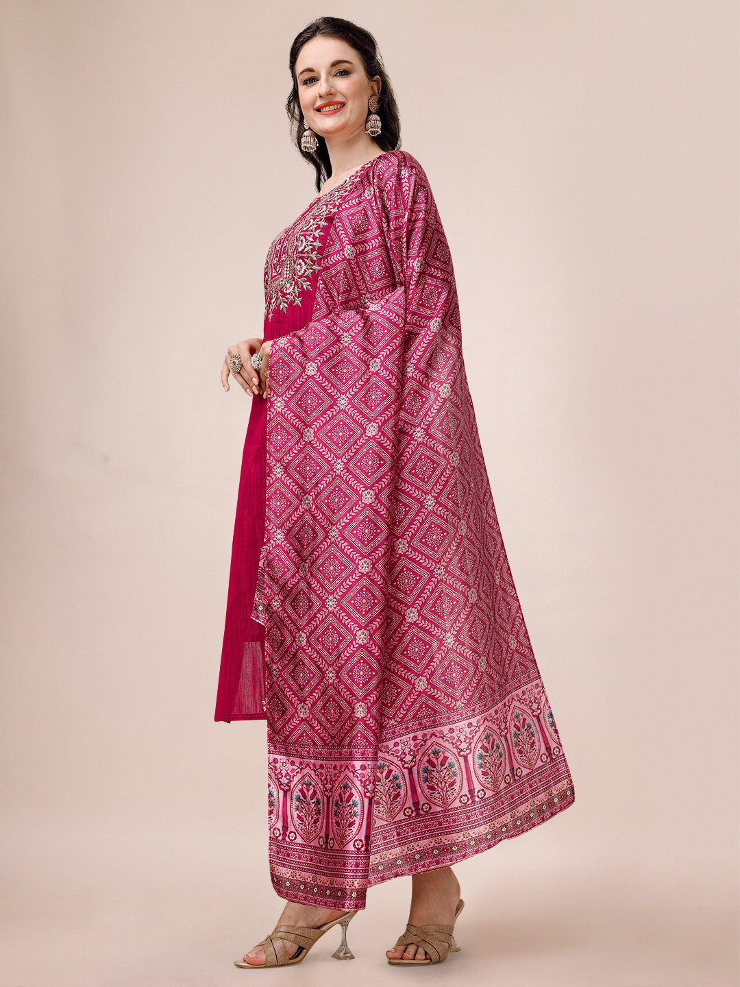 Embroidered Silk Blend Kurta With Pant & Printed Dupatta, Multicolor - Hiral Fashion