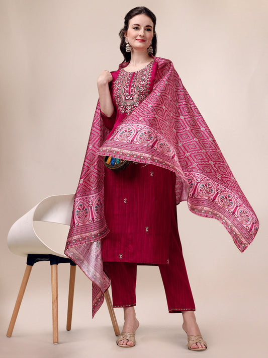 Embroidered Silk Blend Kurta With Pant & Printed Dupatta, Multicolor - Hiral Fashion