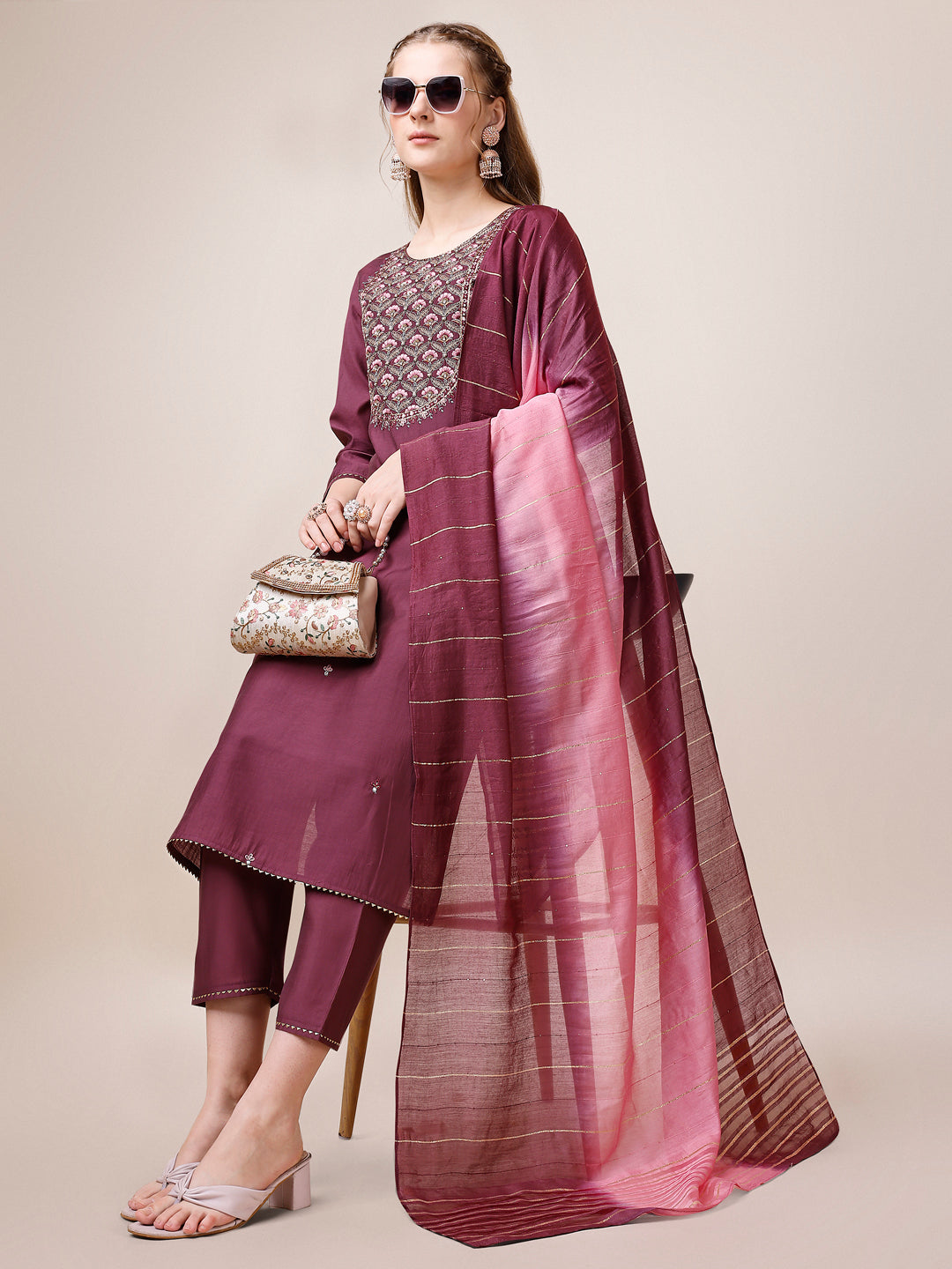 Embroidered Kurta With Pant & Dupatta, Multicolor - Hiral Fashion