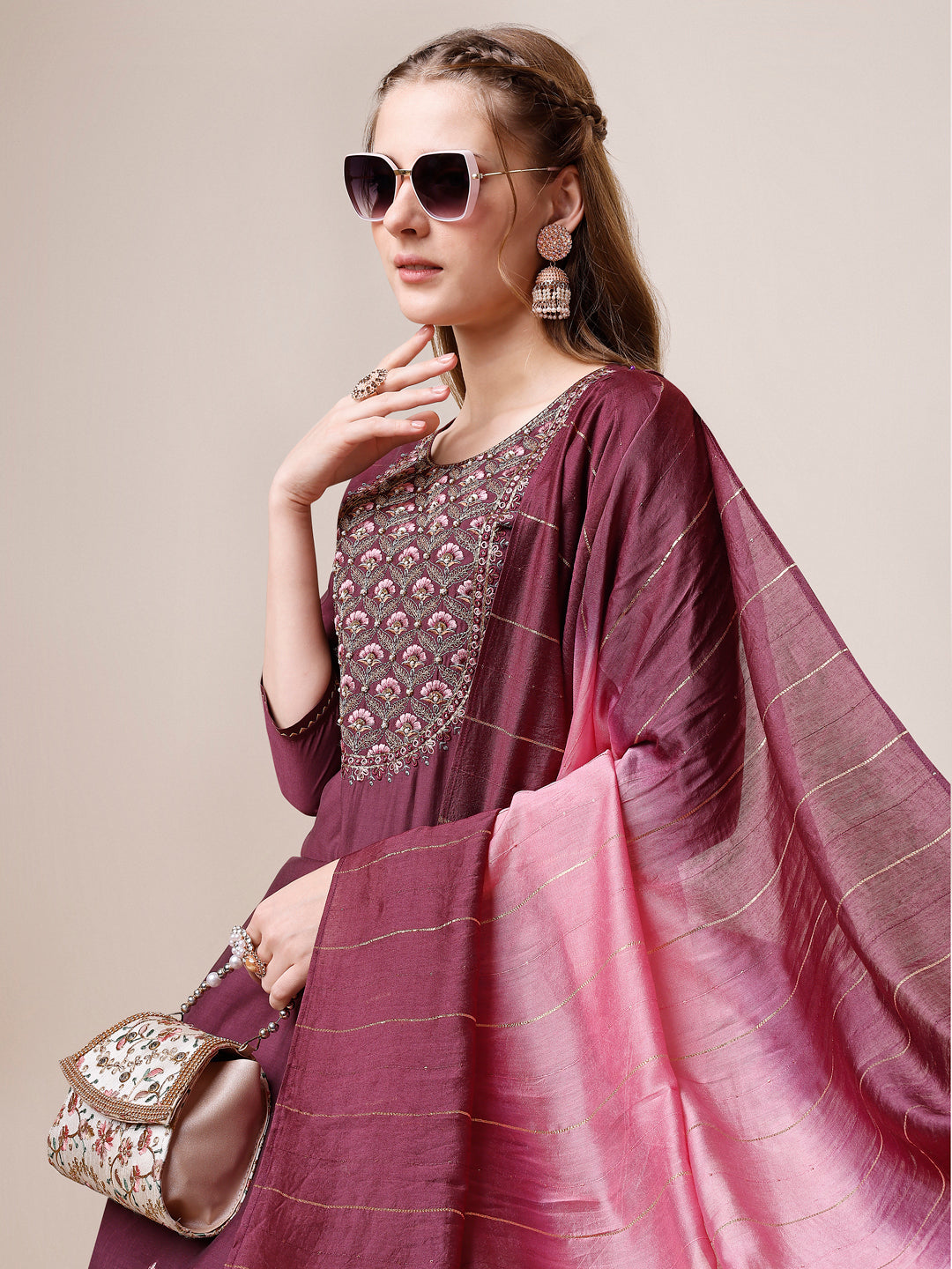 Embroidered Kurta With Pant & Dupatta, Multicolor - Hiral Fashion