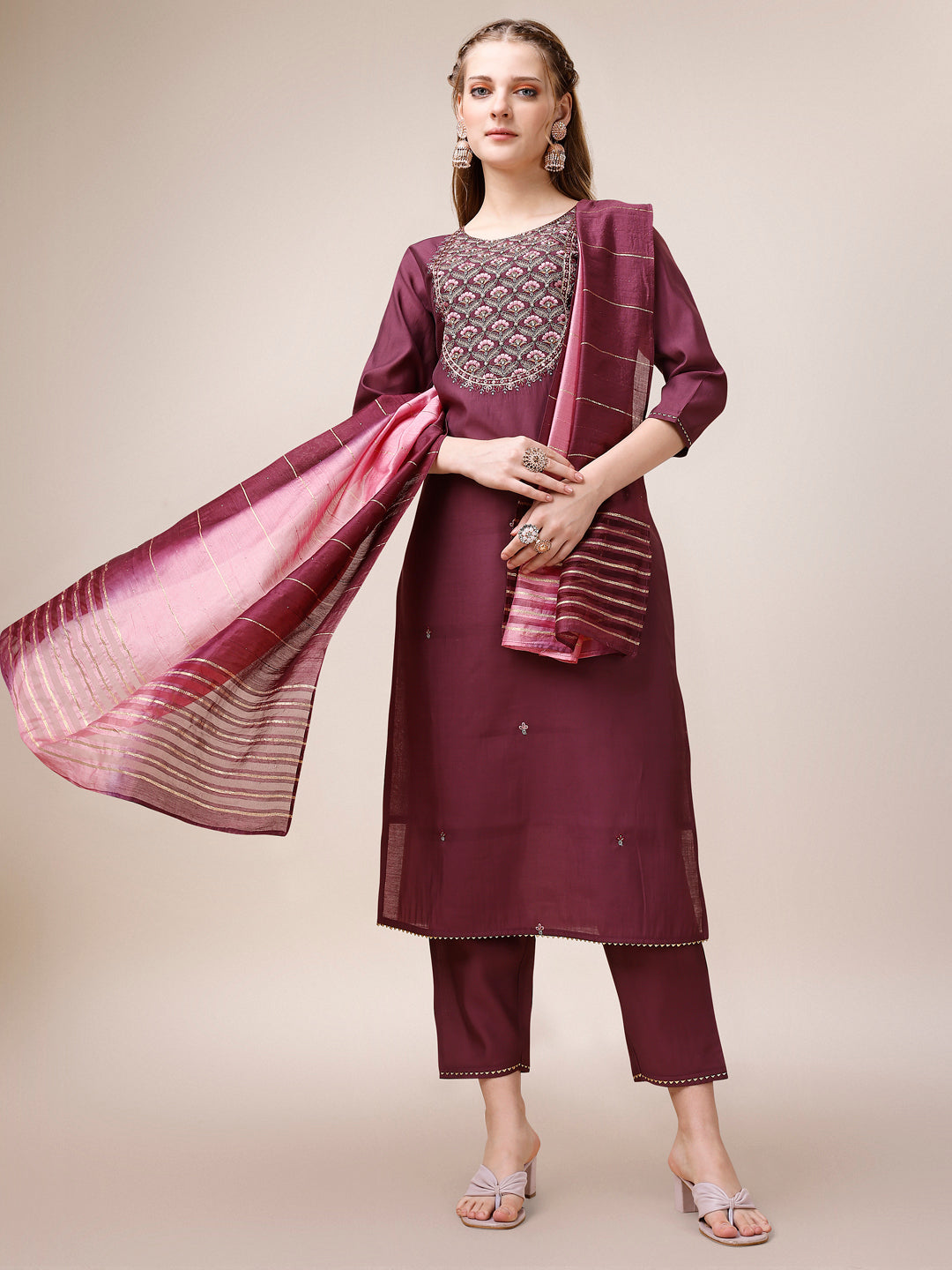 Embroidered Kurta With Pant & Dupatta, Multicolor - Hiral Fashion