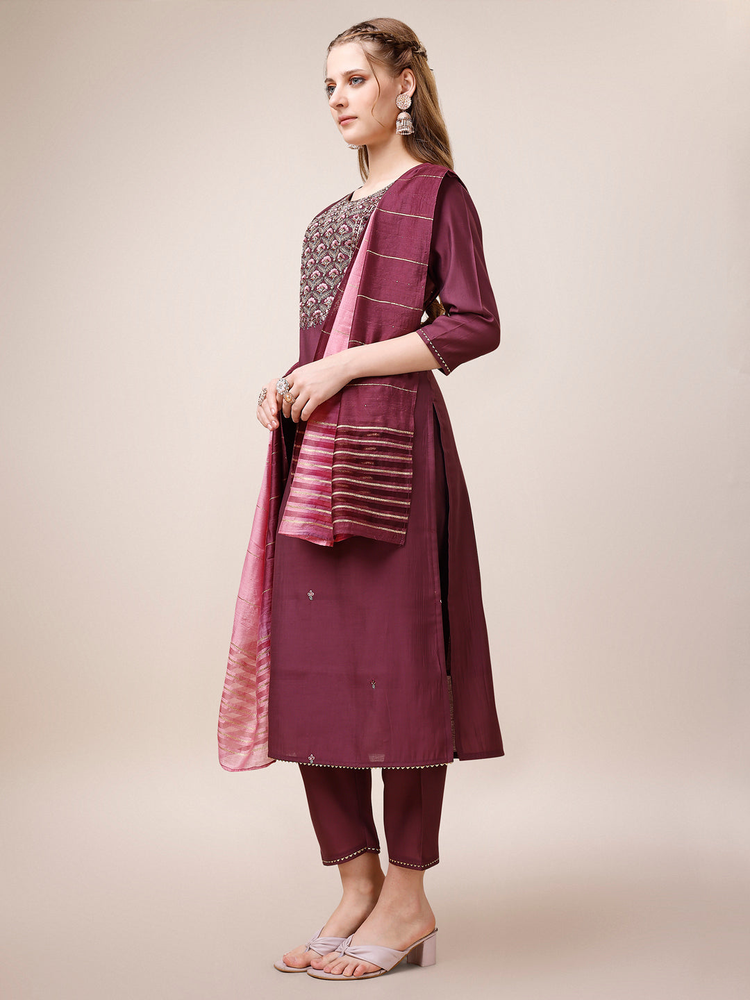Embroidered Kurta With Pant & Dupatta, Multicolor - Hiral Fashion