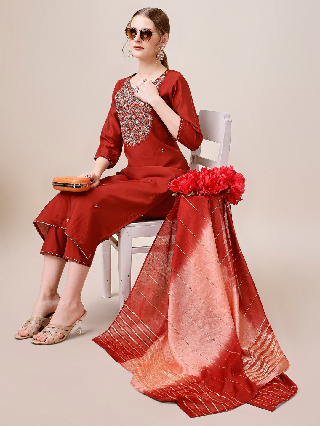 Embroidered Kurta With Pant & Dupatta, Multicolor - Hiral Fashion