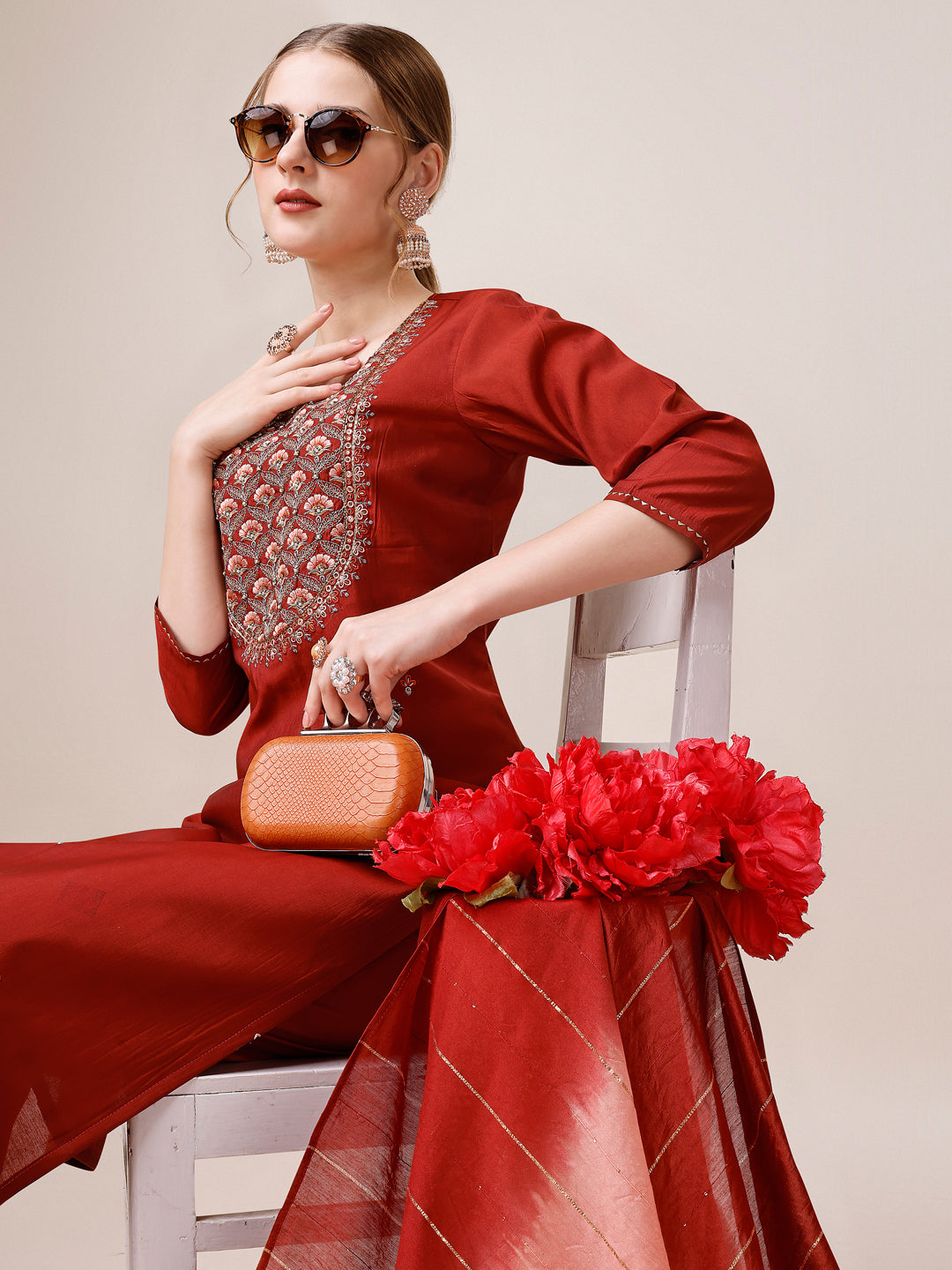 Embroidered Kurta With Pant & Dupatta, Multicolor - Hiral Fashion