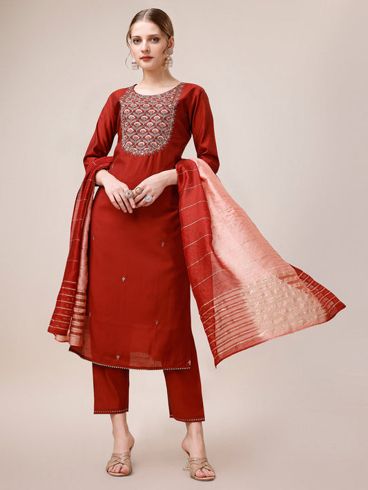 Embroidered Kurta With Pant & Dupatta, Multicolor - Hiral Fashion