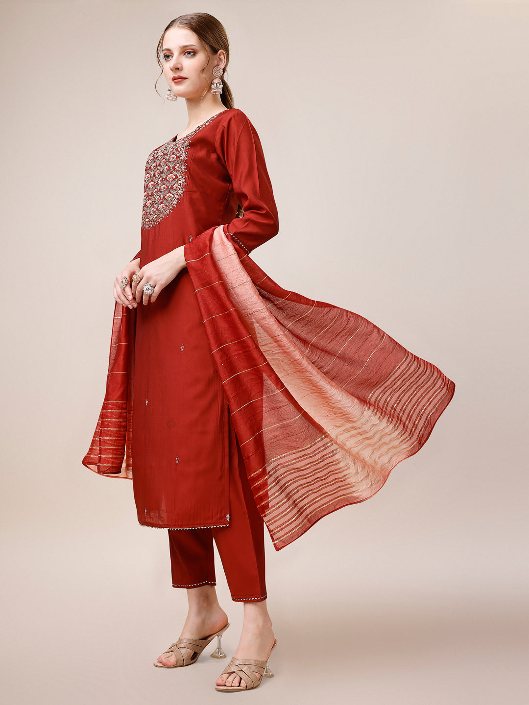 Embroidered Kurta With Pant & Dupatta, Multicolor - Hiral Fashion