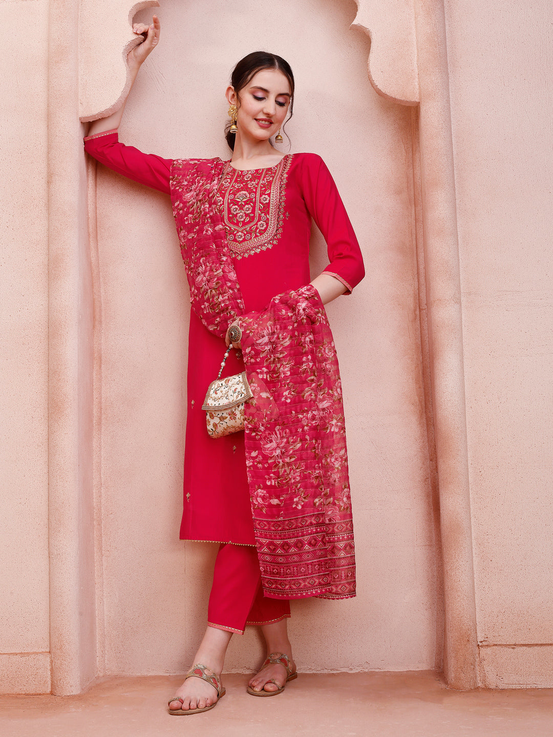 Embroidered Kurta With Pant And Dupatta Set, Multicolor - Hiral Fashion
