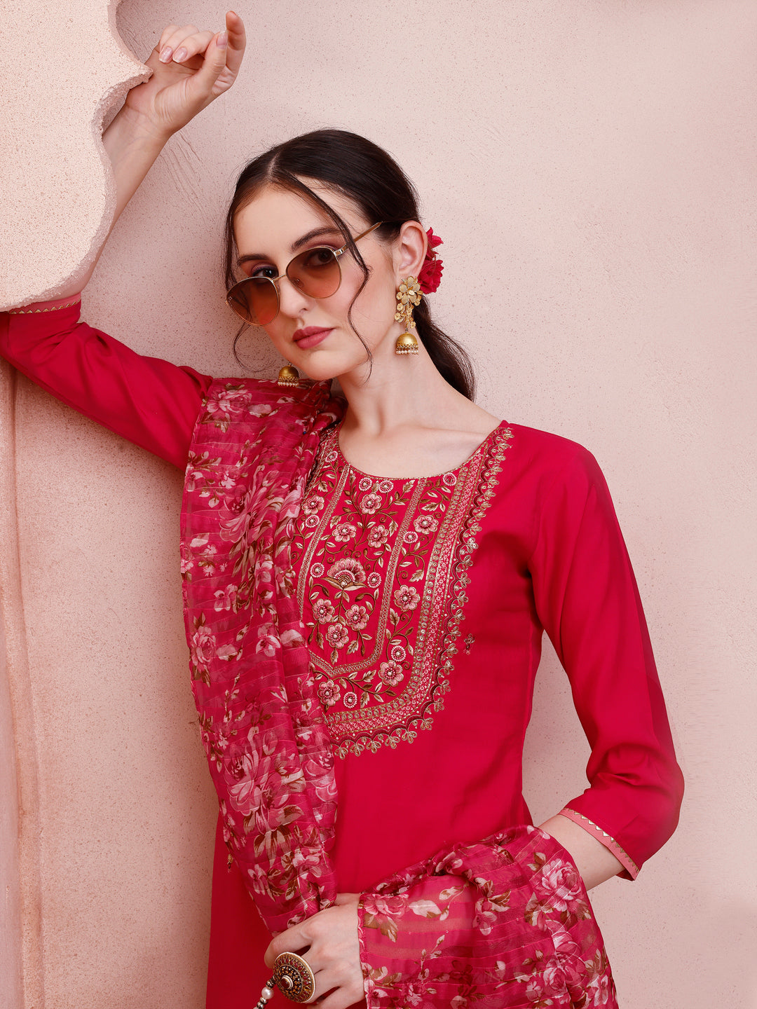 Embroidered Kurta With Pant And Dupatta Set, Multicolor - Hiral Fashion