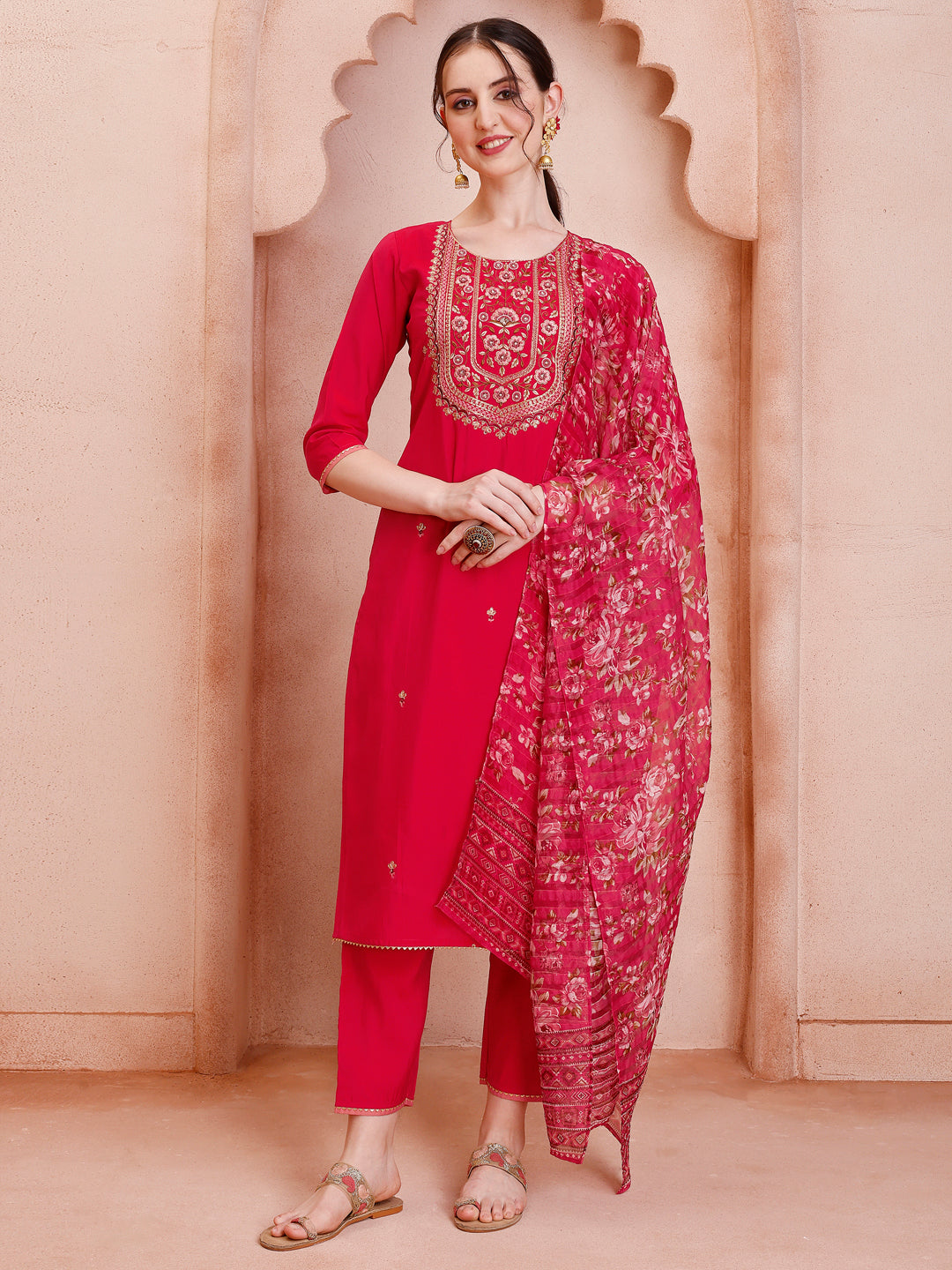 Embroidered Kurta With Pant And Dupatta Set, Multicolor - Hiral Fashion
