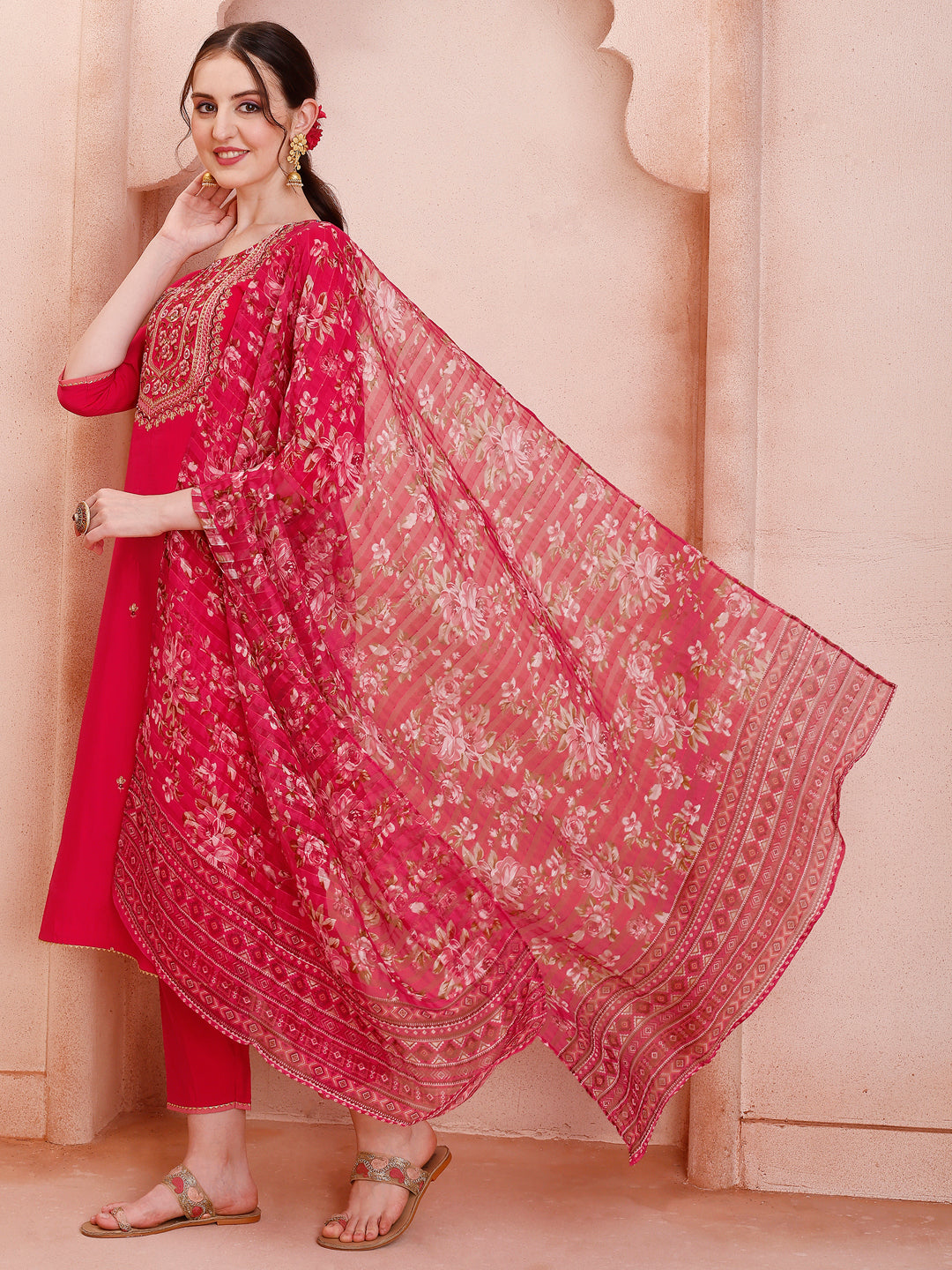 Embroidered Kurta With Pant And Dupatta Set, Multicolor - Hiral Fashion
