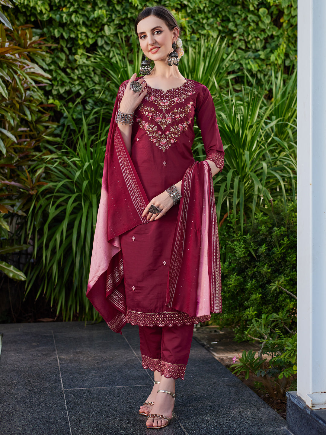 Hand Embroidered Kurta With Pant And Dupatta Set Premium, Multicolor - Hiral Fashion