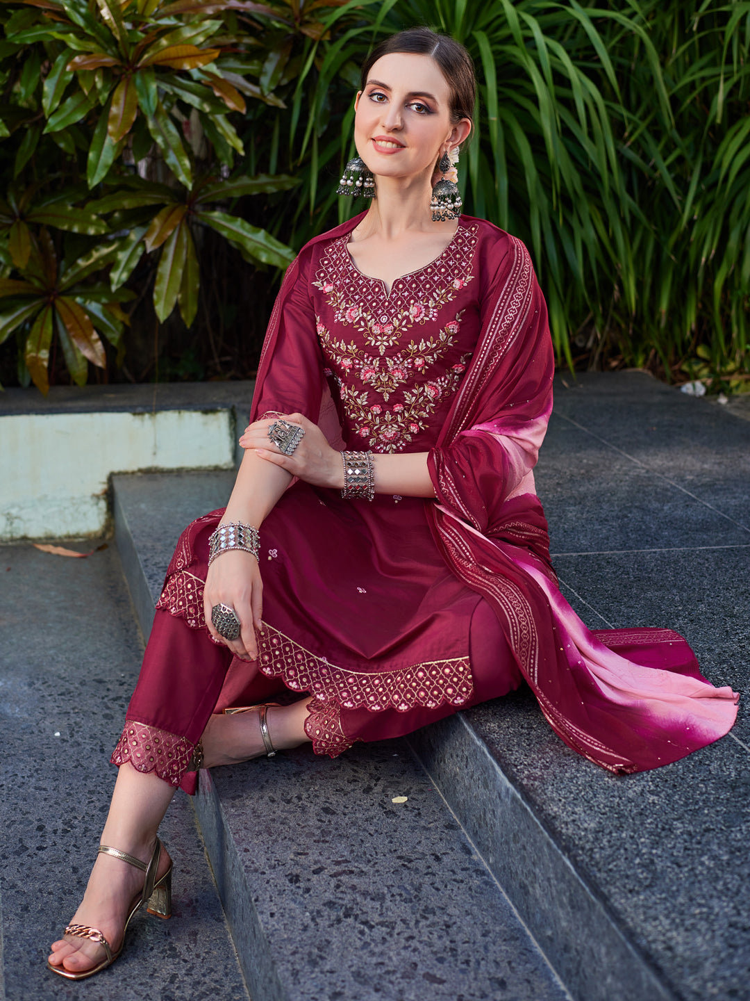 Hand Embroidered Kurta With Pant And Dupatta Set Premium, Multicolor - Hiral Fashion