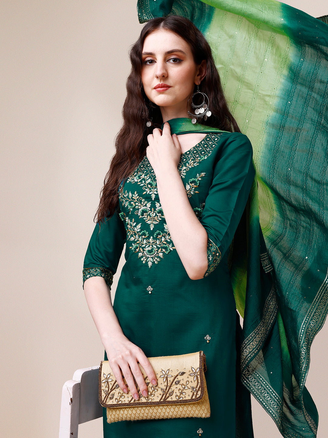 Hand Embroidered Chanderi Kurta With Pant And Dupatta Set Premium, Multicolor - Hiral Fashion
