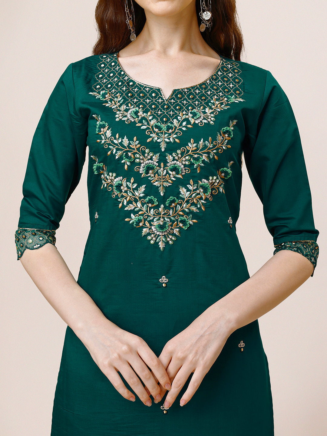 Hand Embroidered Chanderi Kurta With Pant And Dupatta Set Premium, Multicolor - Hiral Fashion