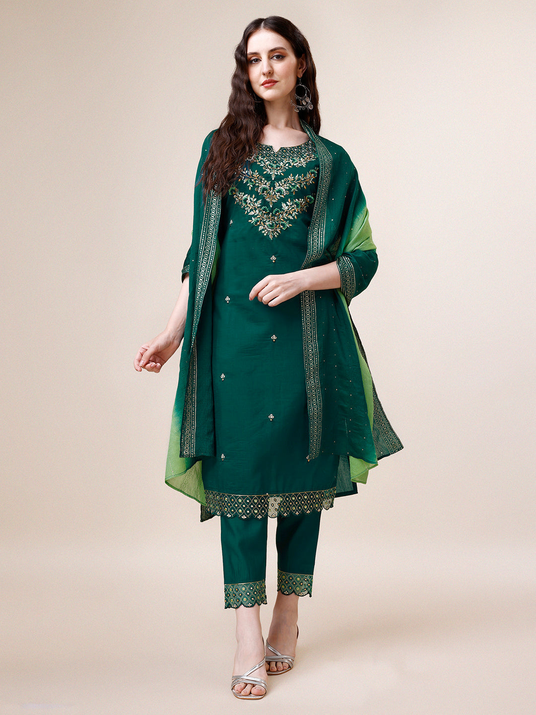 Hand Embroidered Chanderi Kurta With Pant And Dupatta Set Premium, Multicolor - Hiral Fashion